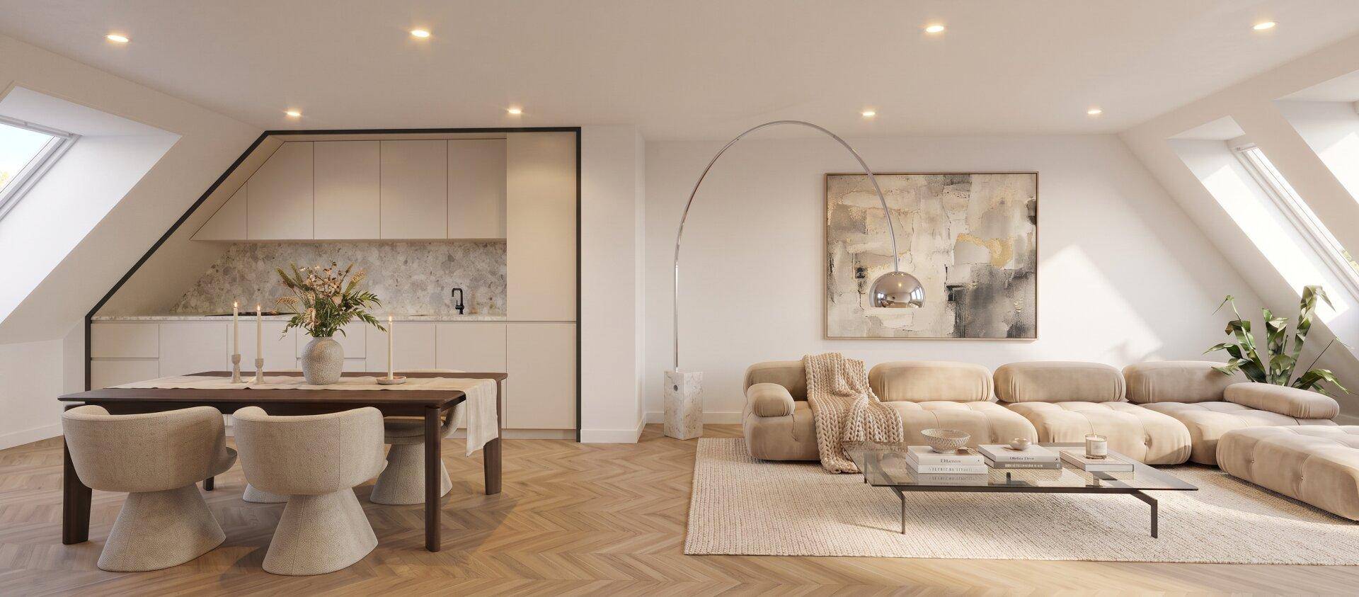 Heller, offener Wohn-Essbereich mit integrierter Küche, Dachschrägen und modernem Interieur.