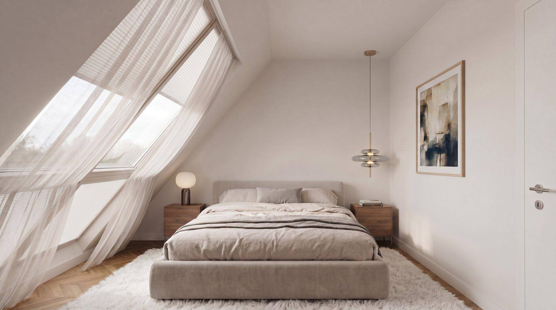 Gemütliches Schlafzimmer im Dachgeschoss mit großen Dachfenstern und hellem Interieur.