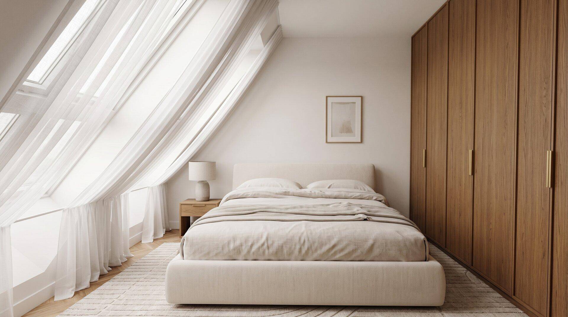 Helles Schlafzimmer im Dachgeschoss mit Einbauschränken, Dachfenstern und modernem Design.