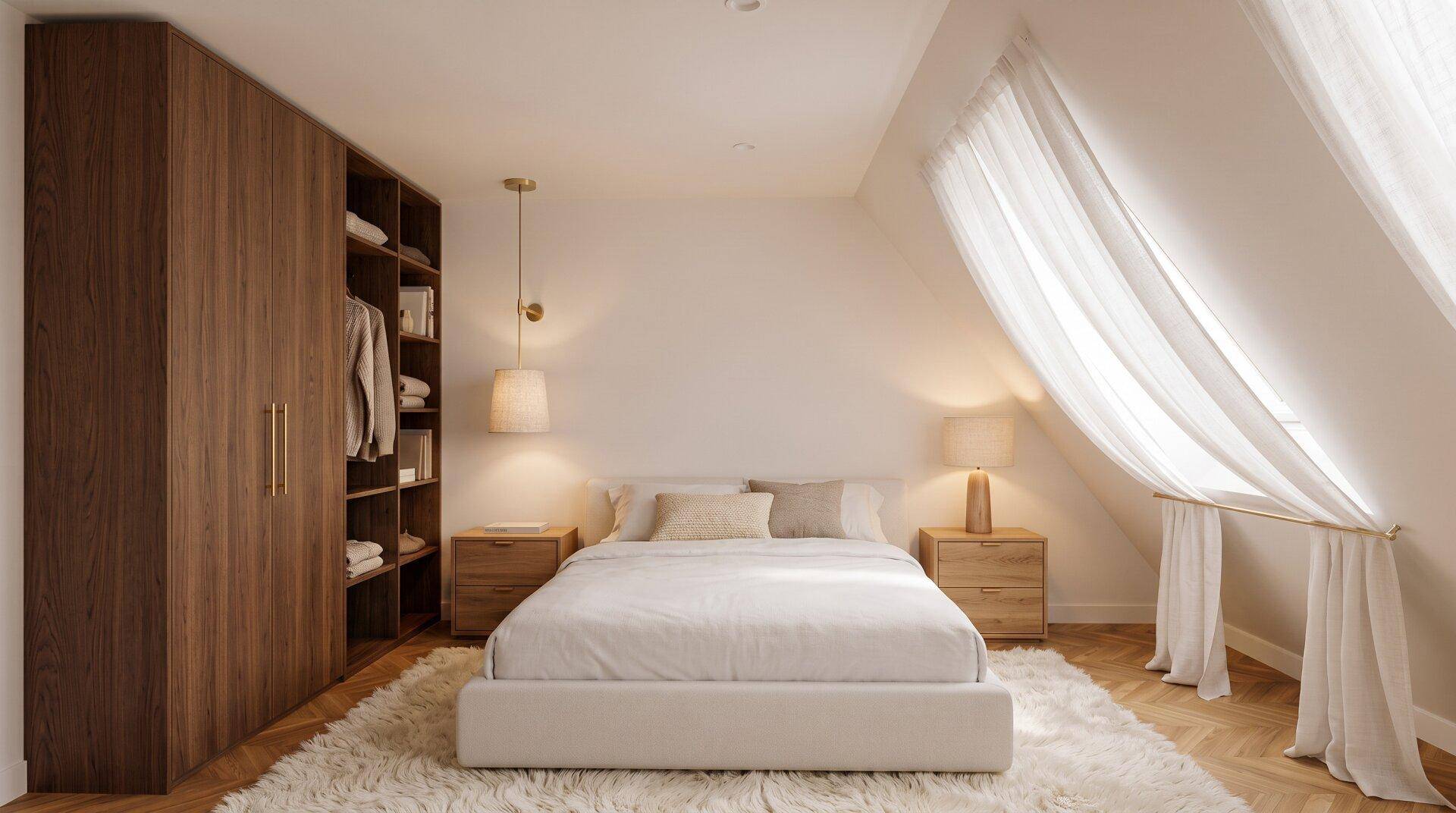 Modernes Schlafzimmer mit Dachschrägen, Holzeinbauschränken und weichem Teppichboden.