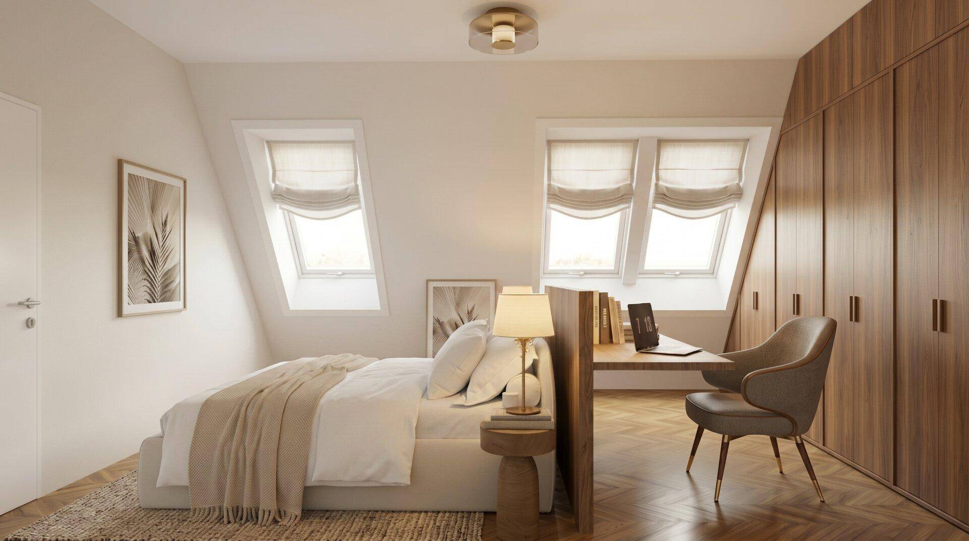 Schlafzimmer im Dachgeschoss mit Arbeitsbereich, Dachfenstern und integrierten Holzschränken.