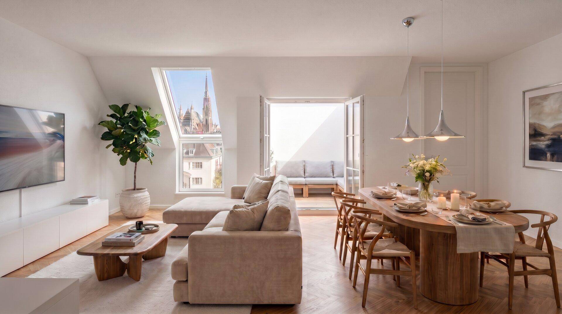 Heller Wohn-Essbereich mit Balkonzugang, Stadtblick und modernem Interieur.