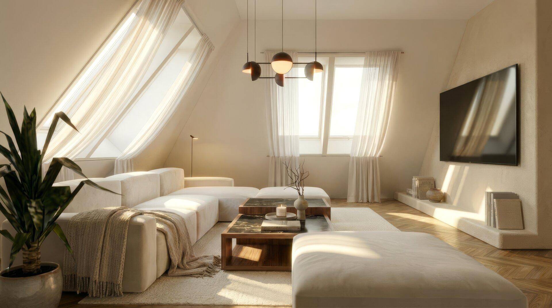 Gemütliches Wohnzimmer mit großem Sofa, Fernseher und schrägen Dachfenstern für viel Licht.