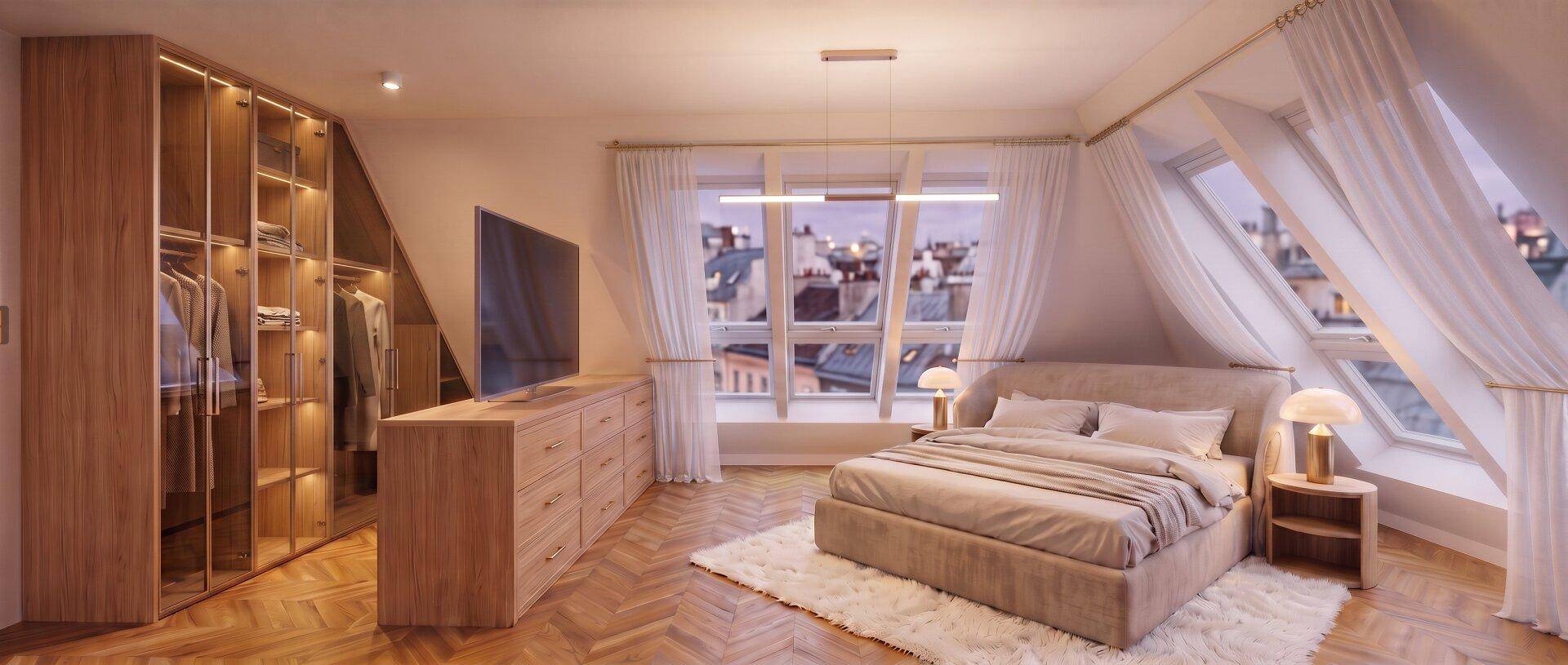 Schlafzimmer mit Einbauschränken, Doppelbett und großen Fenstern mit Blick über die Stadt.