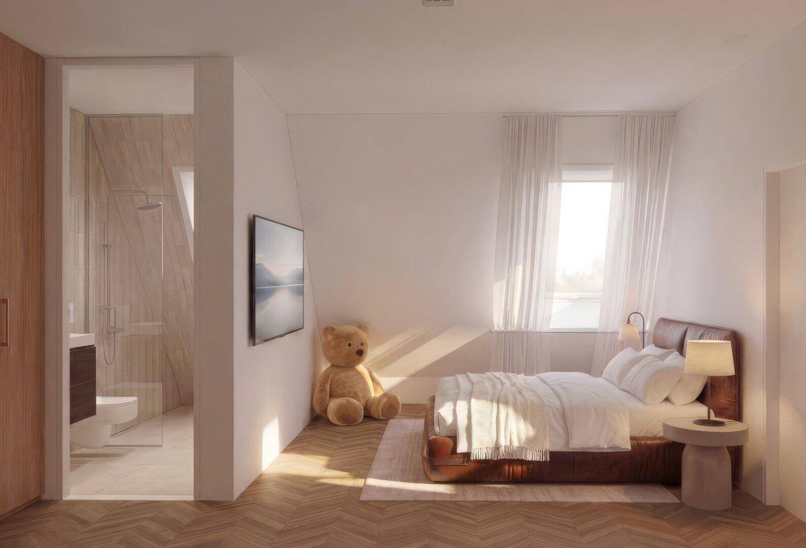 Modernes Schlafzimmer mit Holzboden, großem Teddybär und offenem Zugang zu einem Duschbad.
