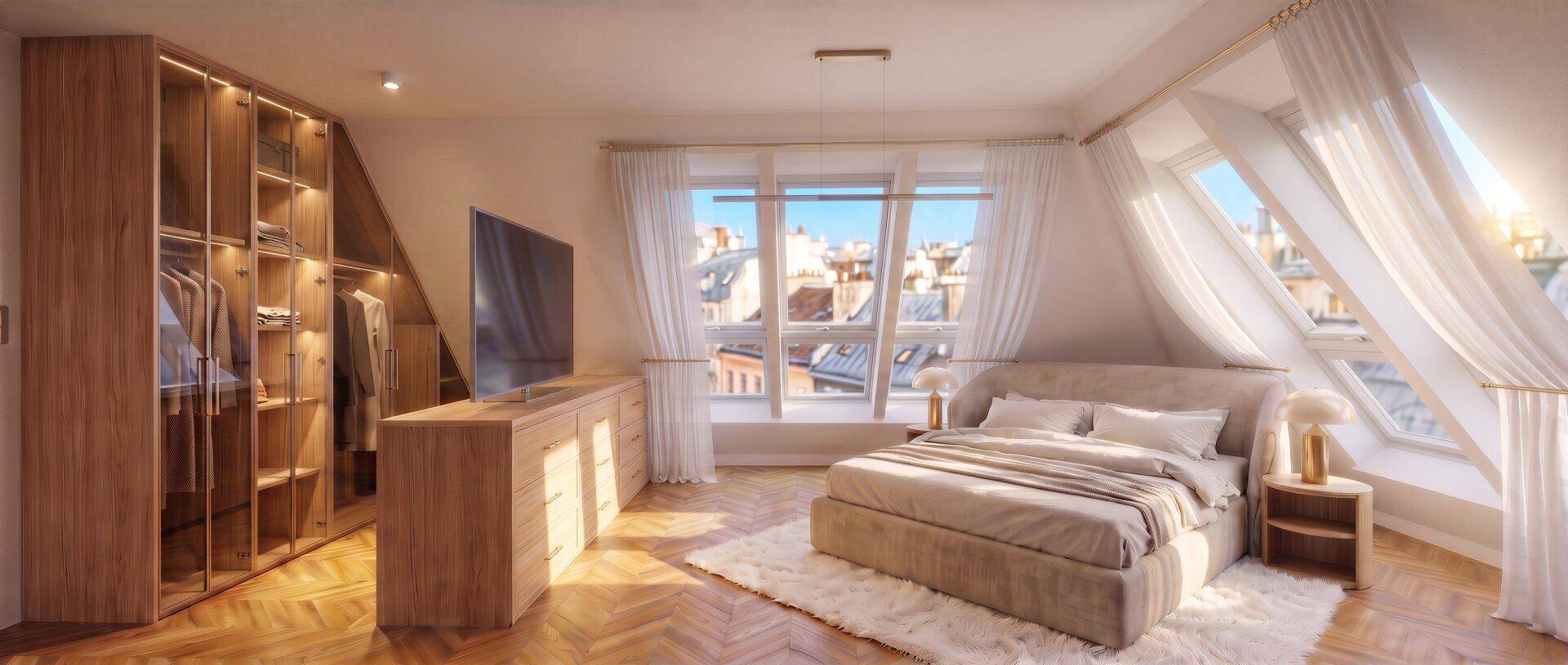 Gemütliches Schlafzimmer im Dachgeschoss mit Holzboden, Einbauschränken und schrägen Fenstern.