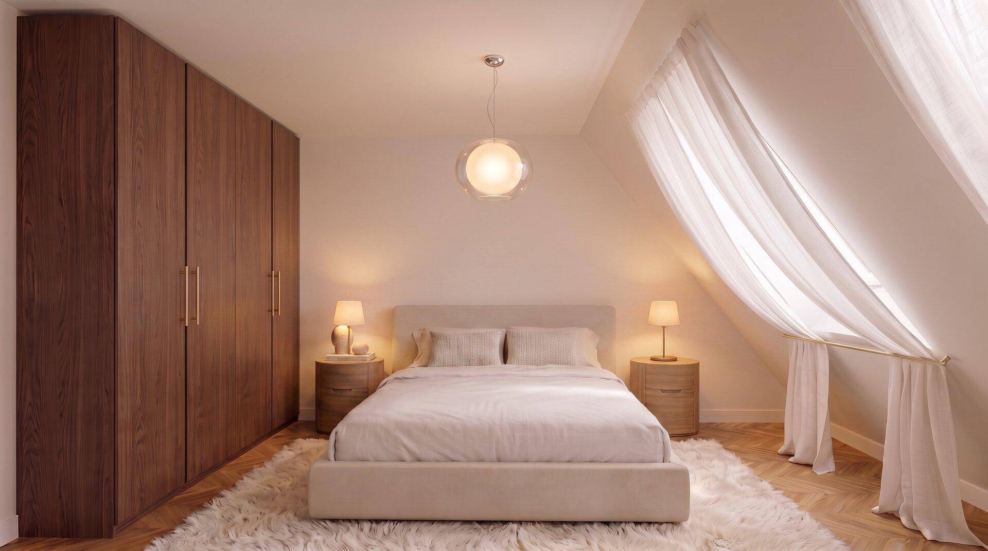 Gemütliches Schlafzimmer mit Dachschrägen, Einbauschränken und weichem Teppichboden.