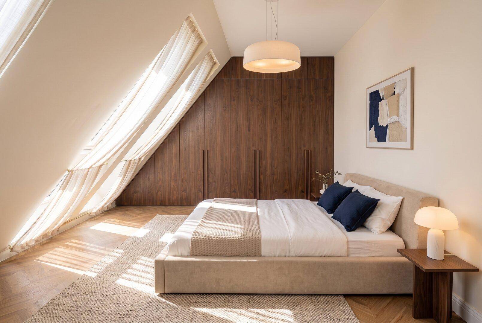 Helles Schlafzimmer mit Holzboden, Dachschrägen und maßgefertigten Einbauschränken aus dunklem Holz.