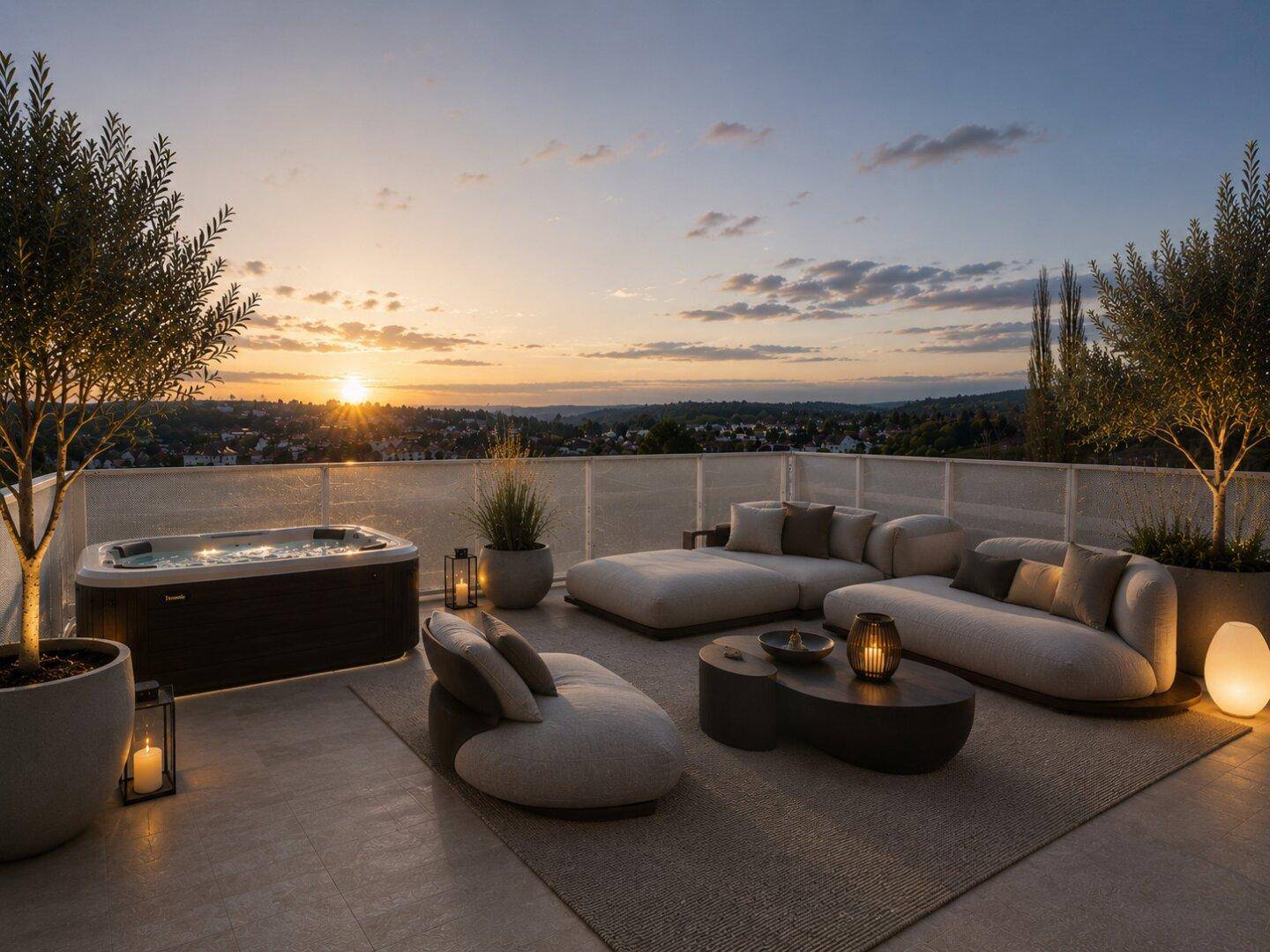 Geräumige Dachterrasse mit Whirlpool, Loungemöbeln und Panoramablick bei Sonnenuntergang.