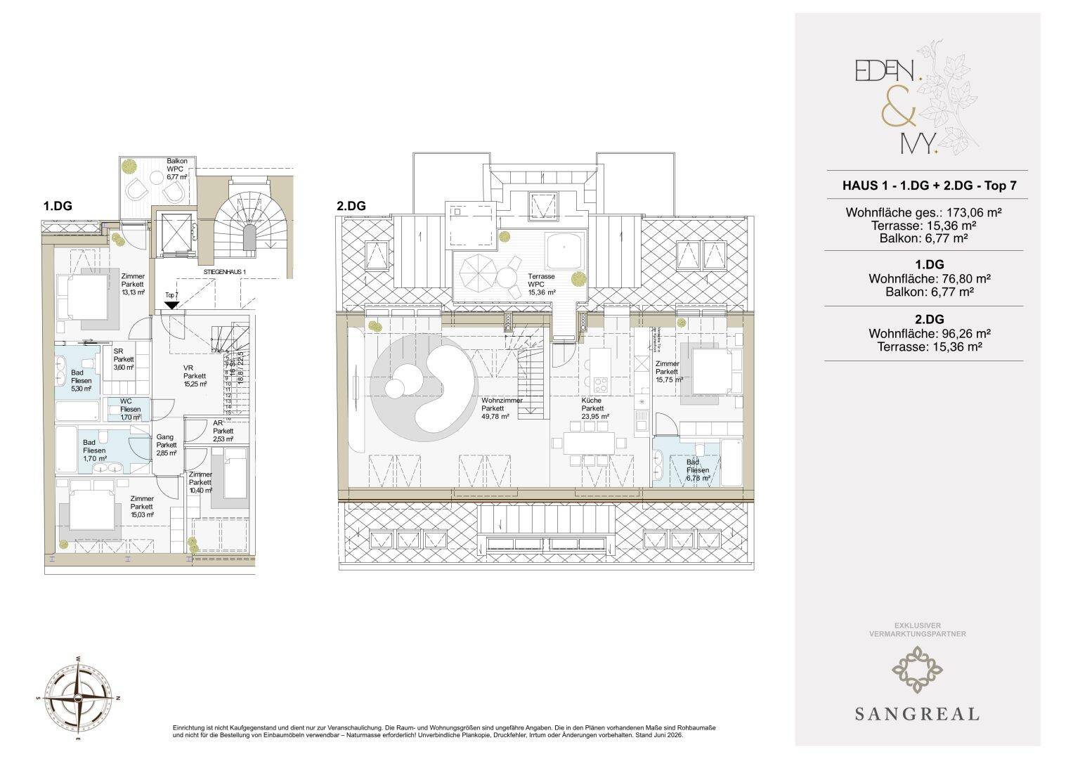 Grundriss von Haus 1, 1. und 2. Dachgeschoss, mit Wohnflächenangaben und Balkonen.