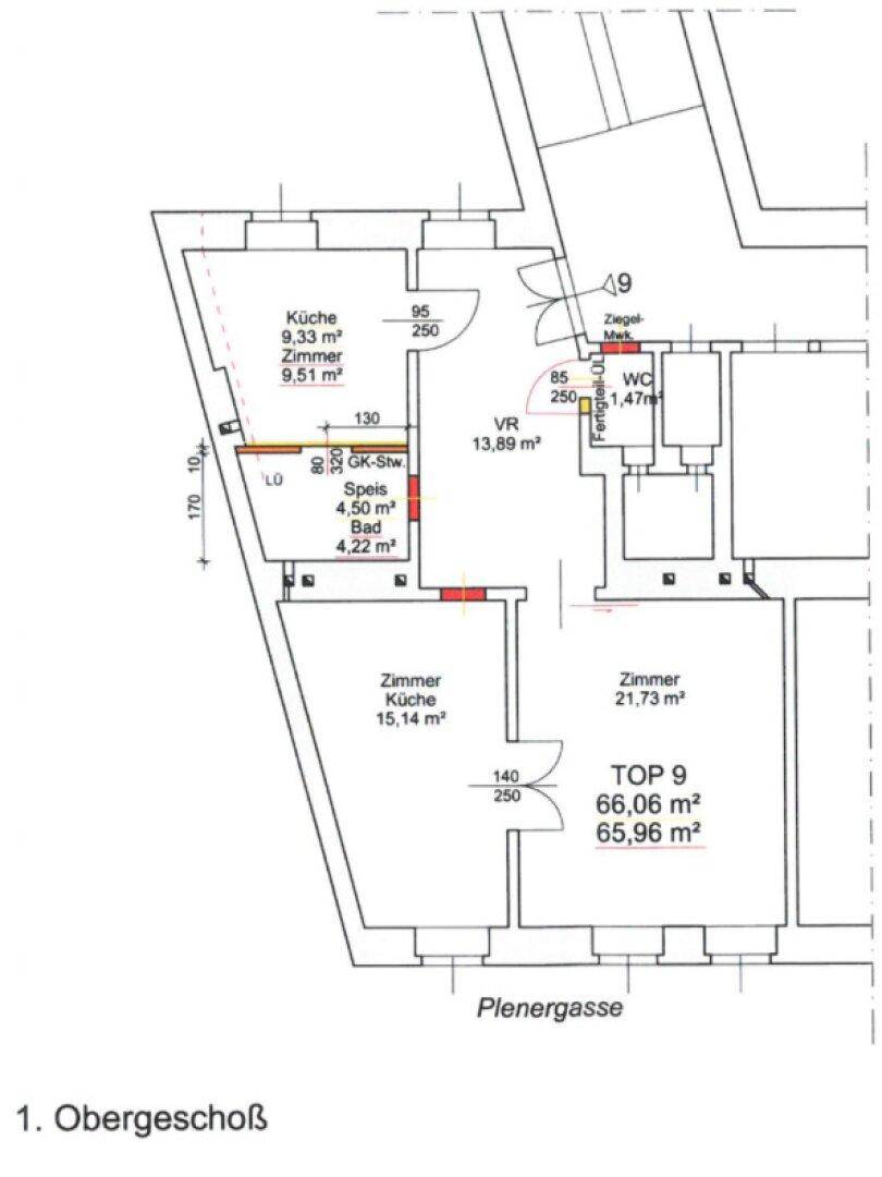 Grundriss des 1. Obergeschosses mit Zimmern, Küche, Bad und WC.