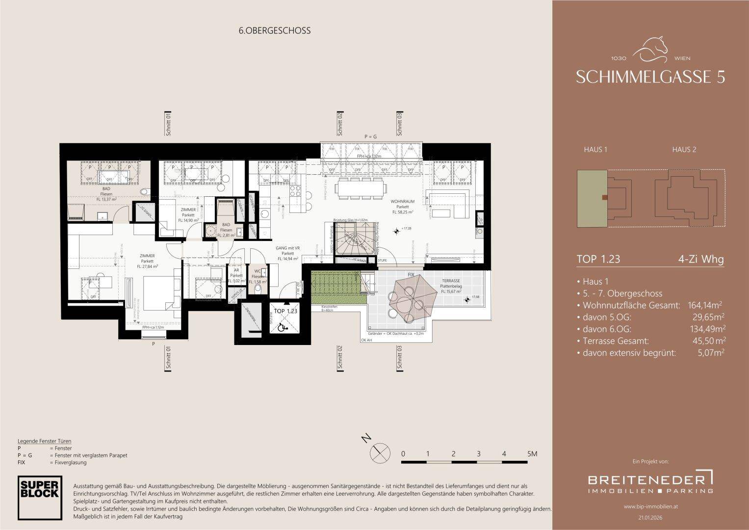 Detaillierter Grundriss des 6. Obergeschosses mit offenem Wohnbereich und großer Terrasse.