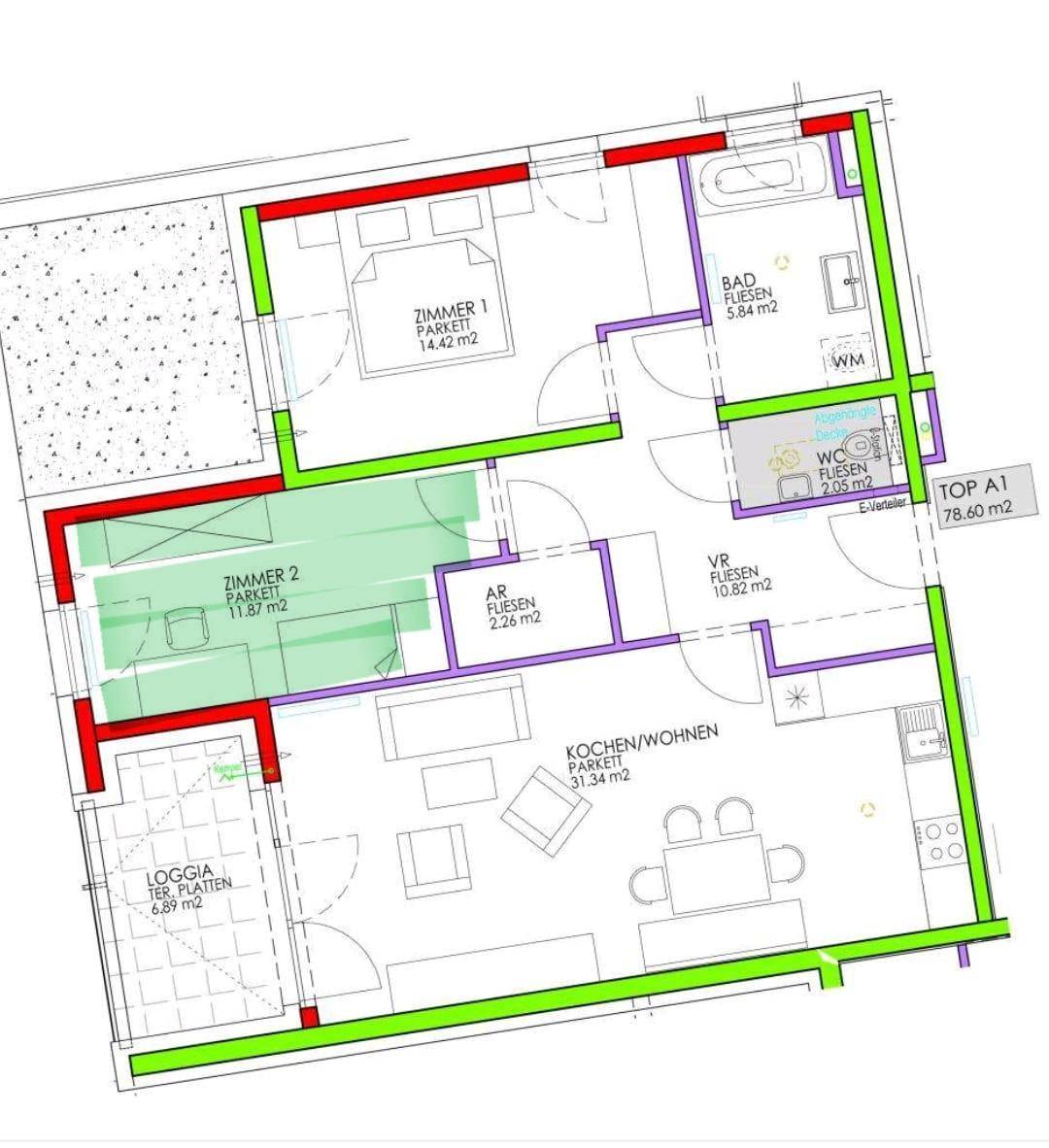 Grundrissplan einer Wohnung mit offener Wohnküche, zwei Schlafzimmern, Bad, separatem WC und Loggia.