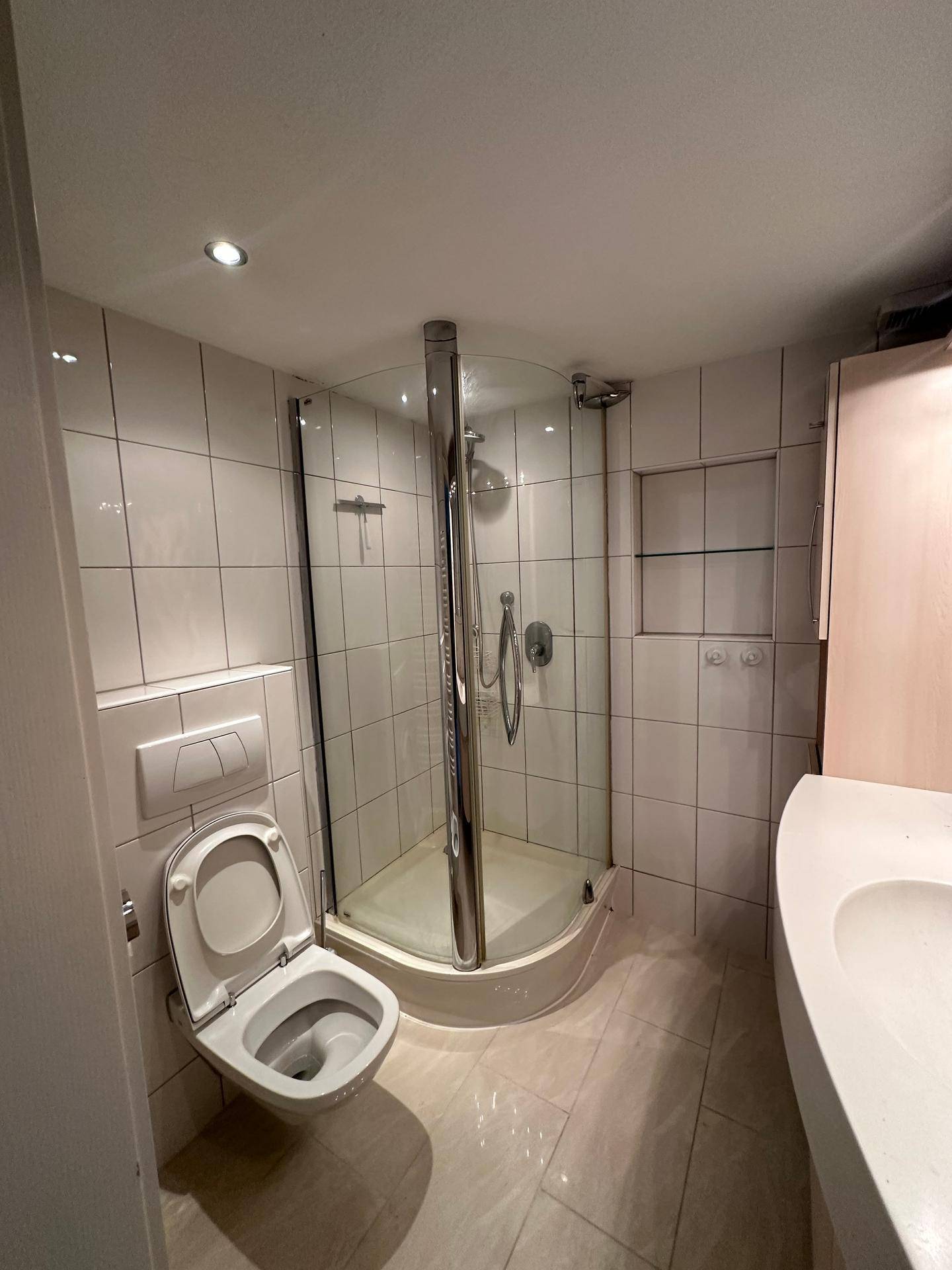 Badezimmer mit Duschkabine, wandhängendem WC und hellen Fliesen an Wänden und Boden.