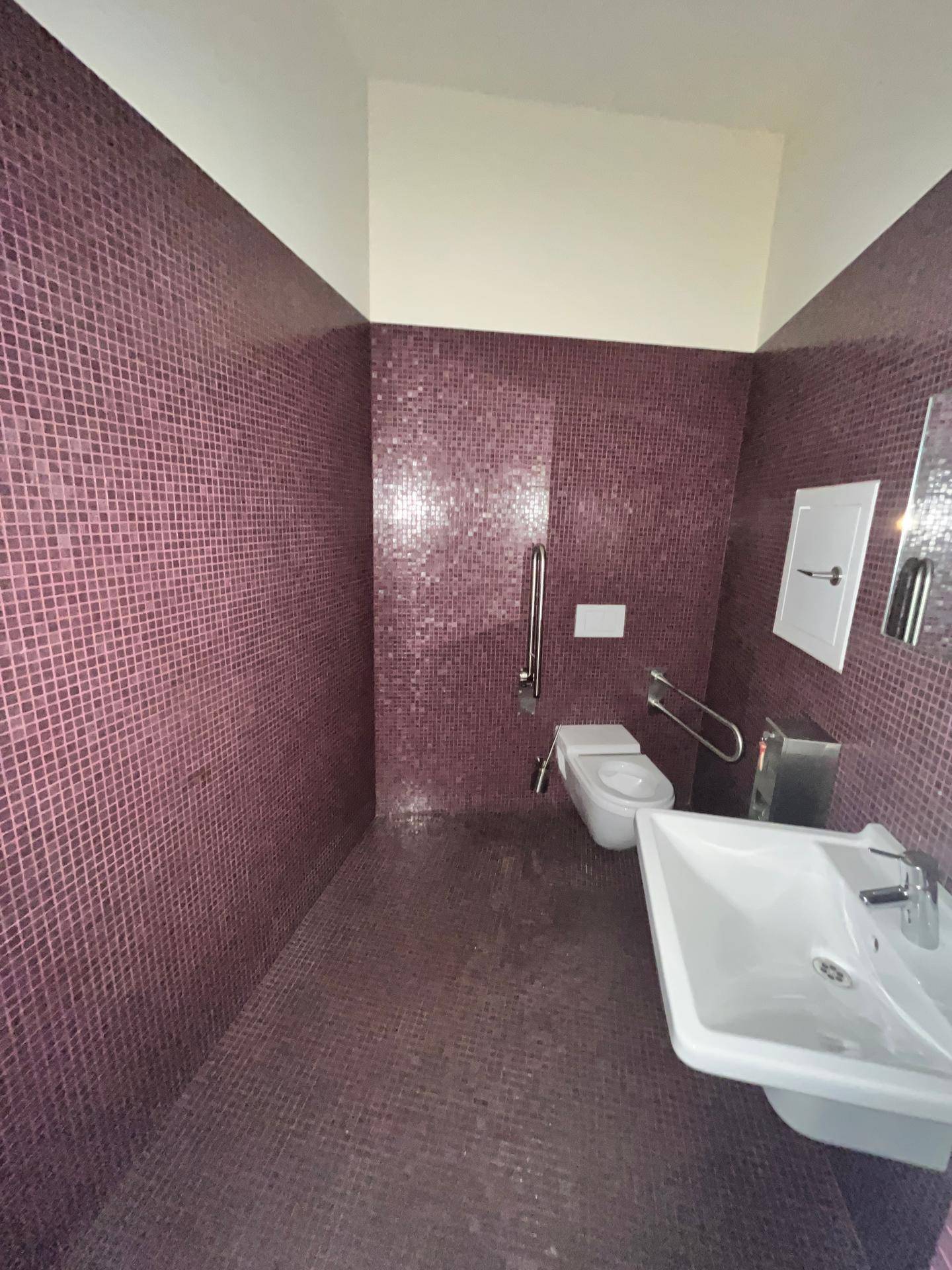 Modernes WC mit lila Mosaikfliesen, Waschbecken und Haltegriffen für Barrierefreiheit.