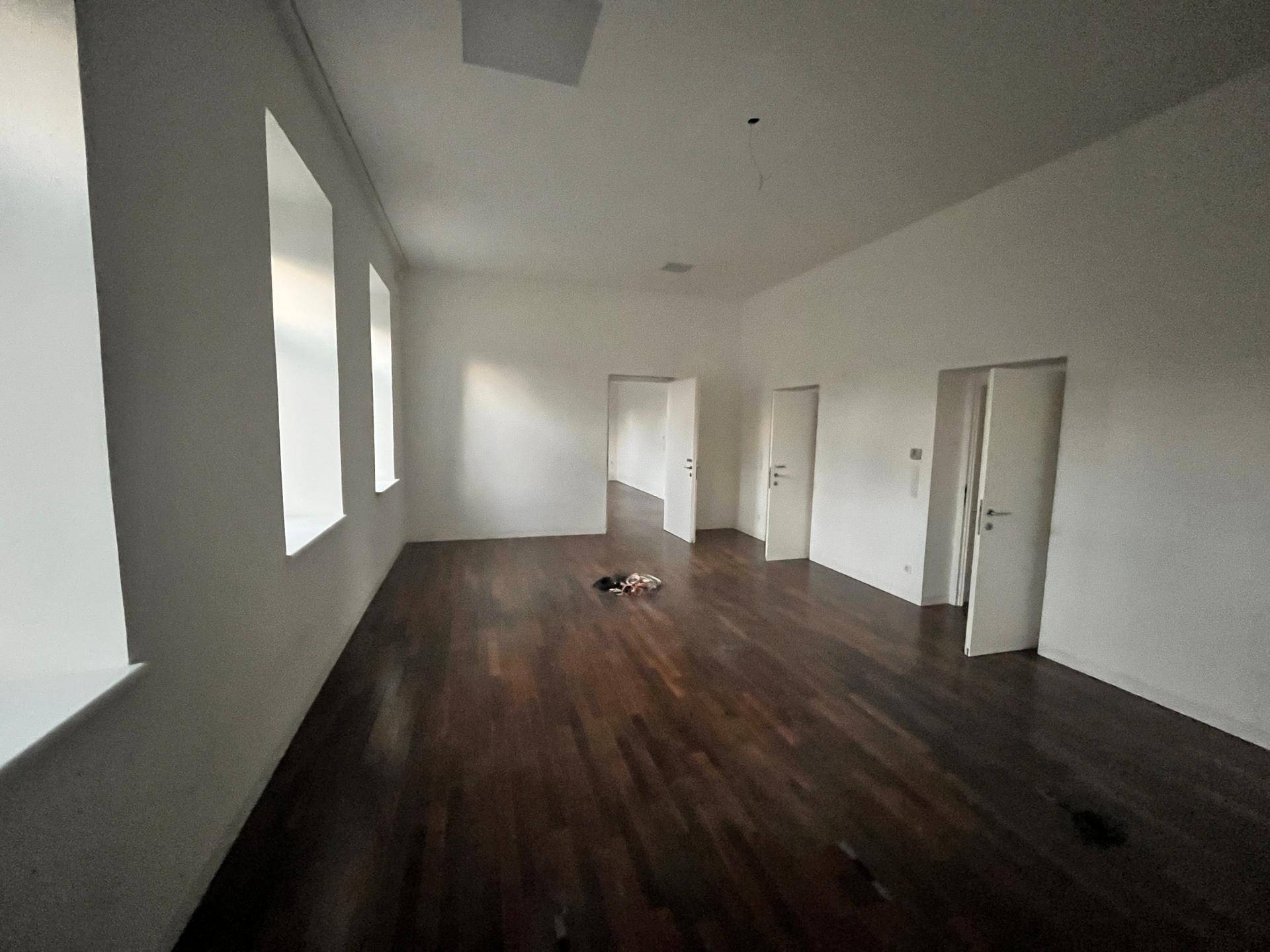 Großer, heller Raum mit dunklem Holzboden und mehreren Türen und Fenstern, vielseitig nutzbar.