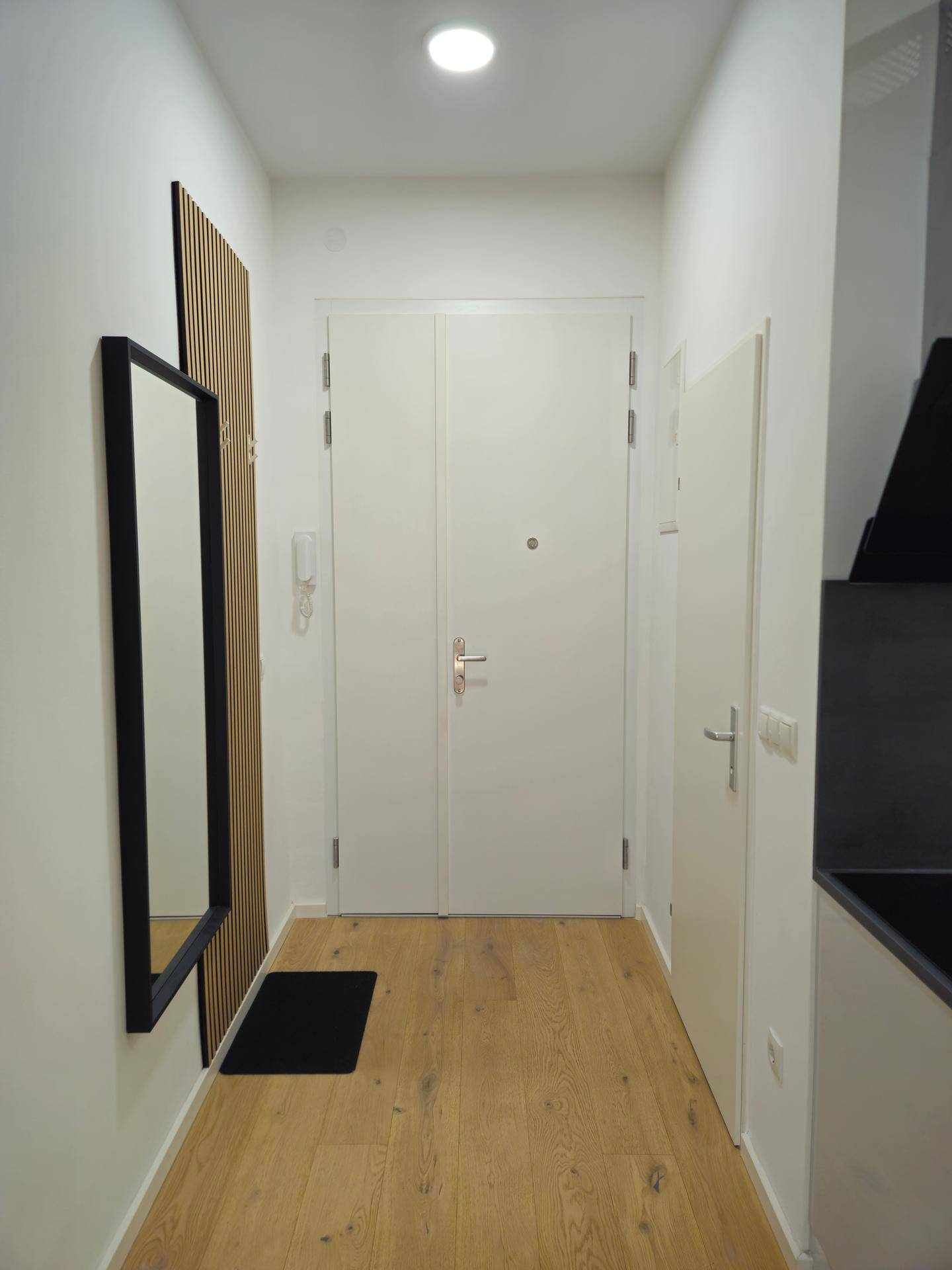Moderner Eingangsbereich mit Holzboden, Spiegel und schlichter Garderobe.