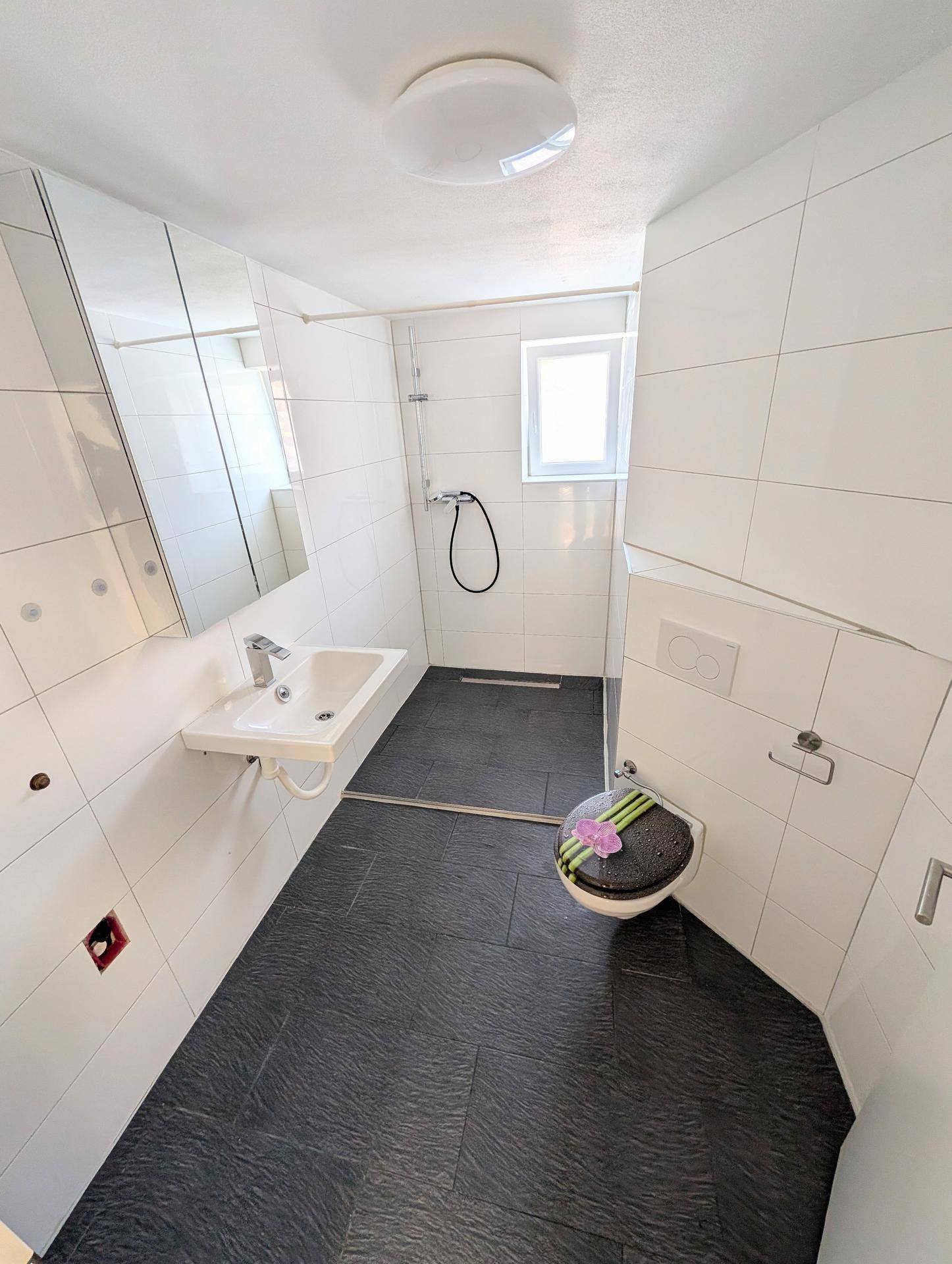 Modernes Badezimmer mit wandhängendem WC, Waschbecken, Spiegelschrank und ebenerdiger Dusche.