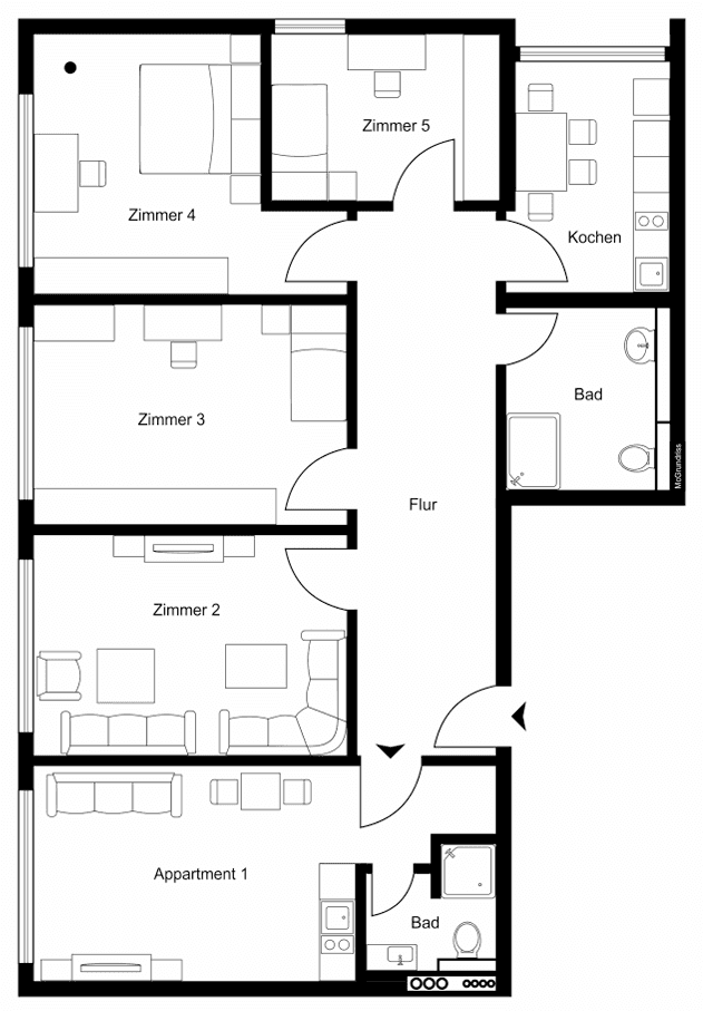 Grundriss einer Wohnung mit fünf Zimmern, zwei Bädern und separater Küche.