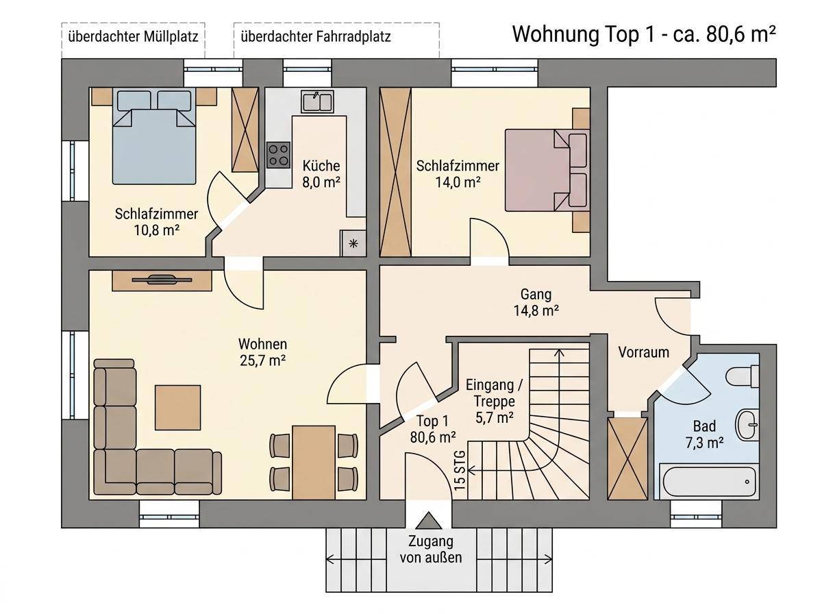 Grundriss der Wohnung Top 1 mit ca. 80,6 m², drei Schlafzimmern und offenem Wohnbereich.