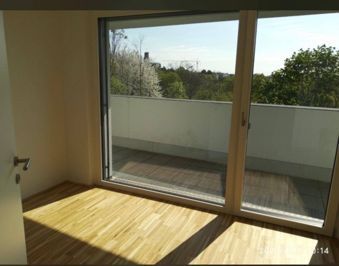 Helles, leeres Zimmer mit Holzboden und großer Schiebetür zur Terrasse mit Weitblick.
