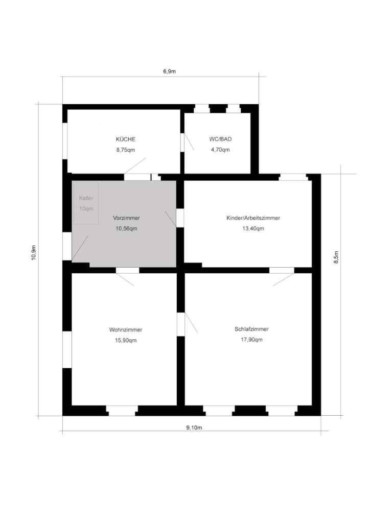 Grundriss des Hauses mit Aufteilung in Küche, Bad, Vorzimmer, Kinder-/Arbeitszimmer, Wohnzimmer und Schlafzimmer.