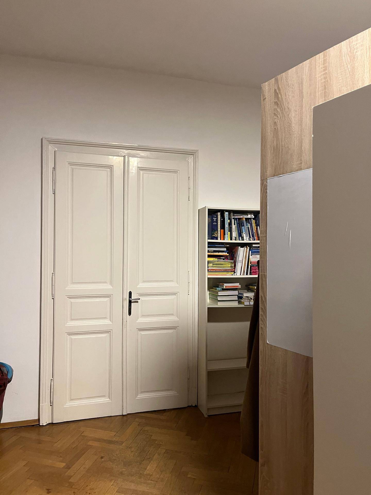Flurbereich mit Doppeltür, Bücherregal und Fischgrätparkettboden.