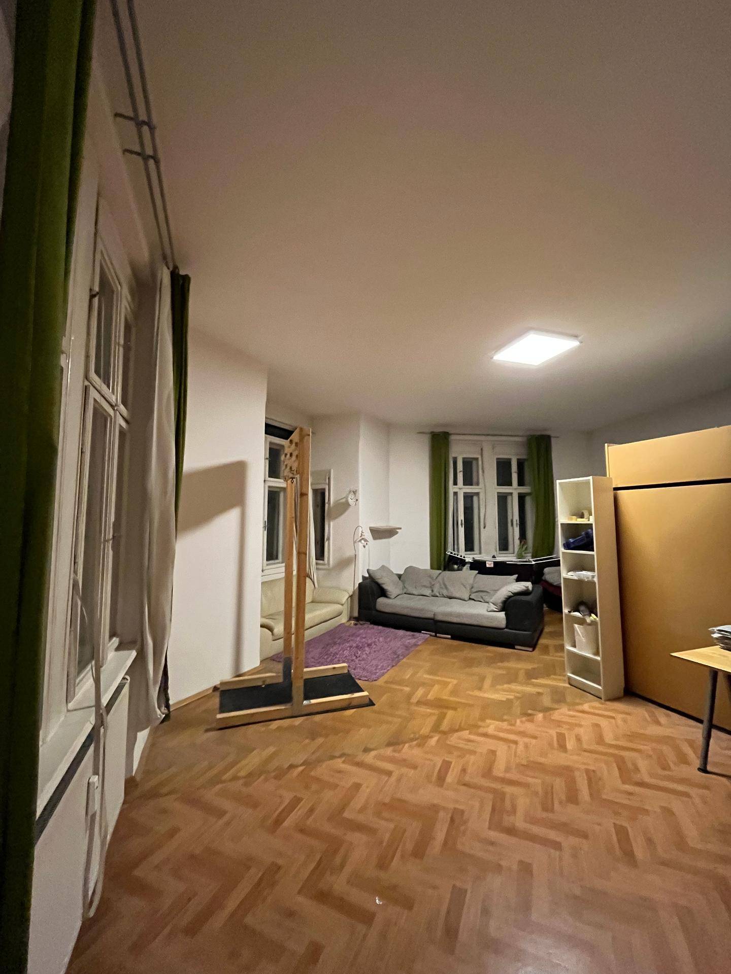 Weitläufiges Wohnzimmer mit Parkettboden, Sofas und einem Klettergerüst.
