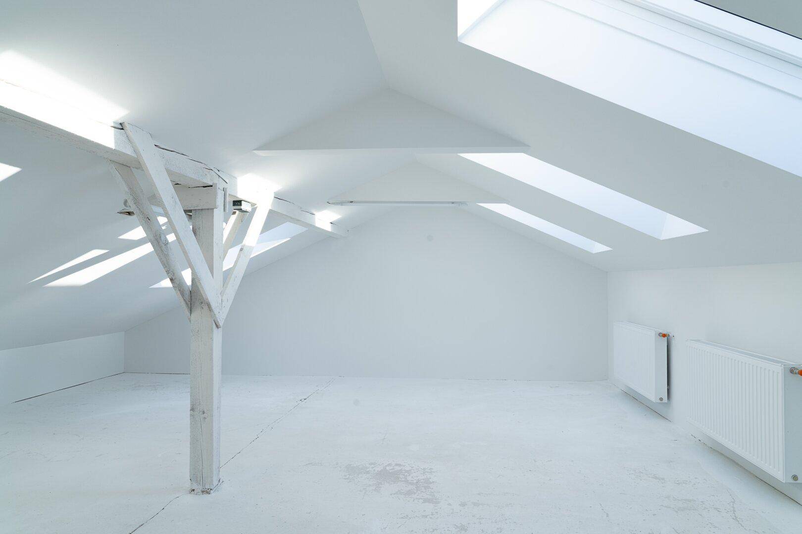 Geräumiger Dachboden mit sichtbaren Holzbalken und Dachfenstern, ideal für Ausbau oder Lagerung.