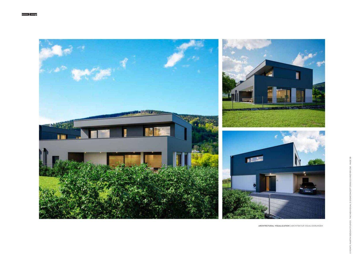 Moderne Architektur mit klaren Linien und großen Fenstern, eingebettet in eine grüne Landschaft mit Bergblick.