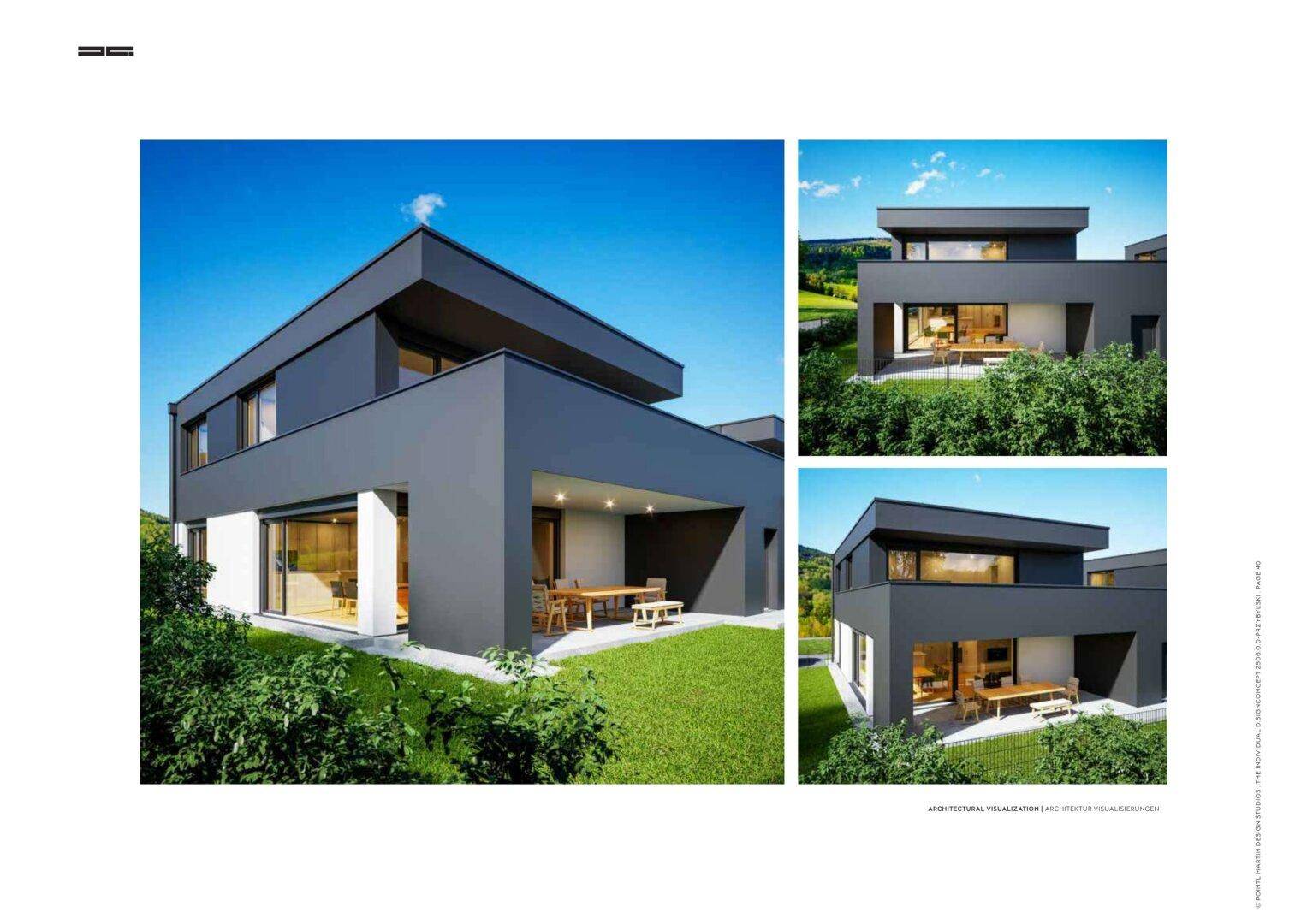 Modernes Haus mit überdachter Terrasse und Gartenblick, umgeben von einer gepflegten Grünfläche.