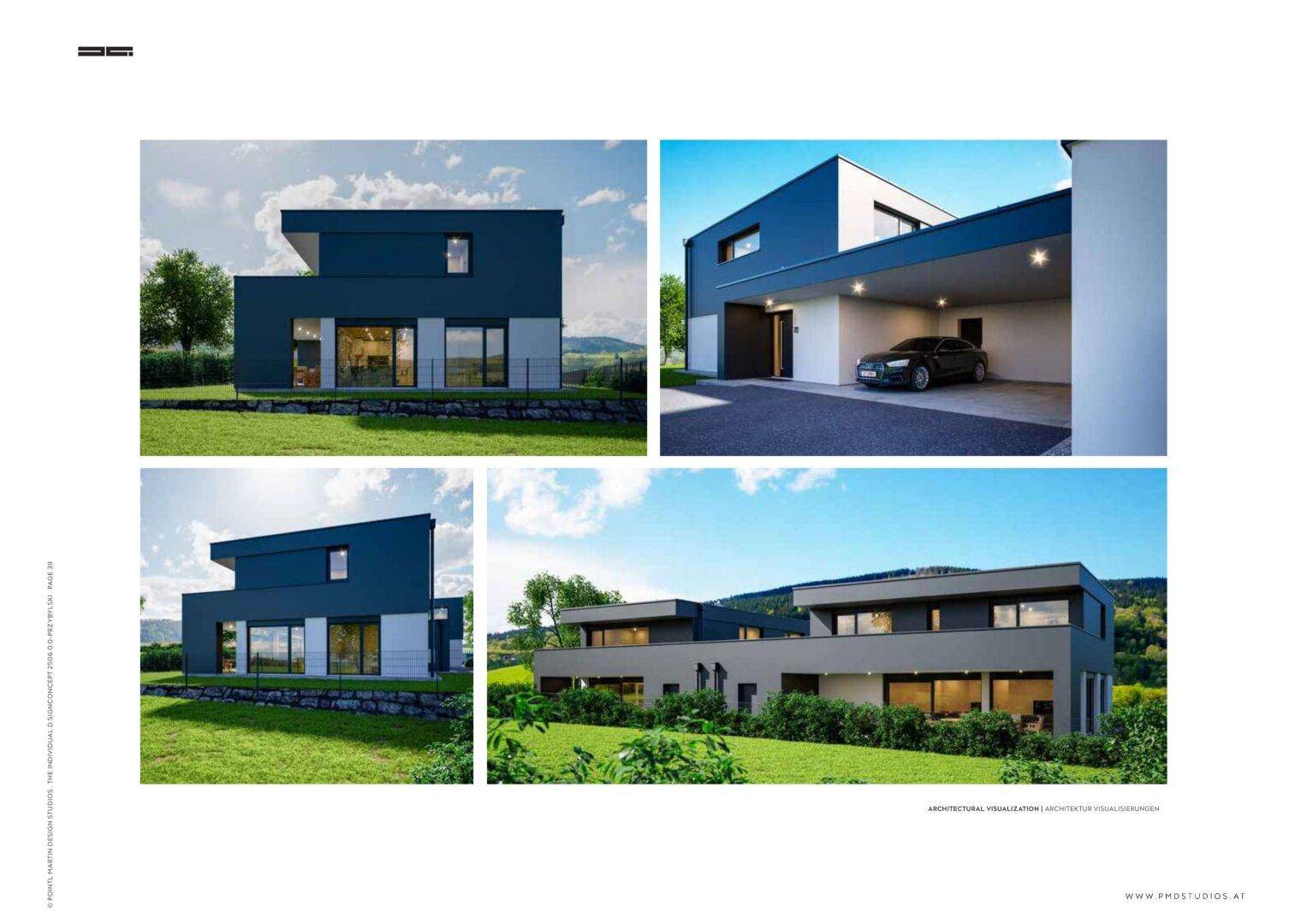 Moderne Wohngebäude mit Flachdach und integriertem Carport, umgeben von einer natürlichen Landschaft.