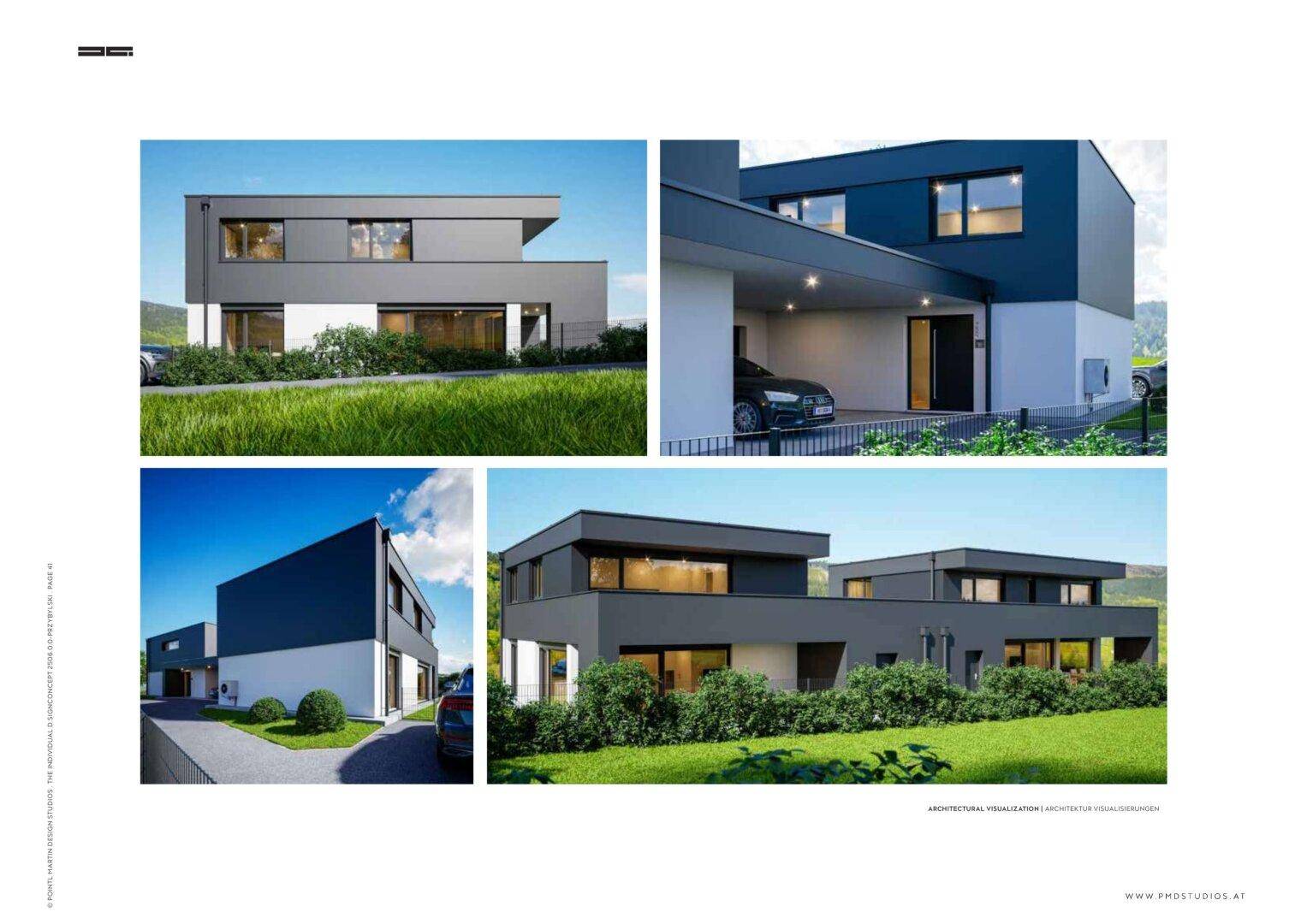 Reihe moderner Häuser mit minimalistischem Design, großen Fensterfronten und Carport-Option.