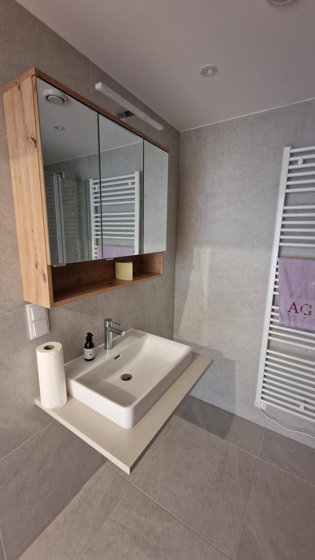 Modernes Badezimmer mit Einzelwaschbecken, Spiegelschrank und beheiztem Handtuchhalter.