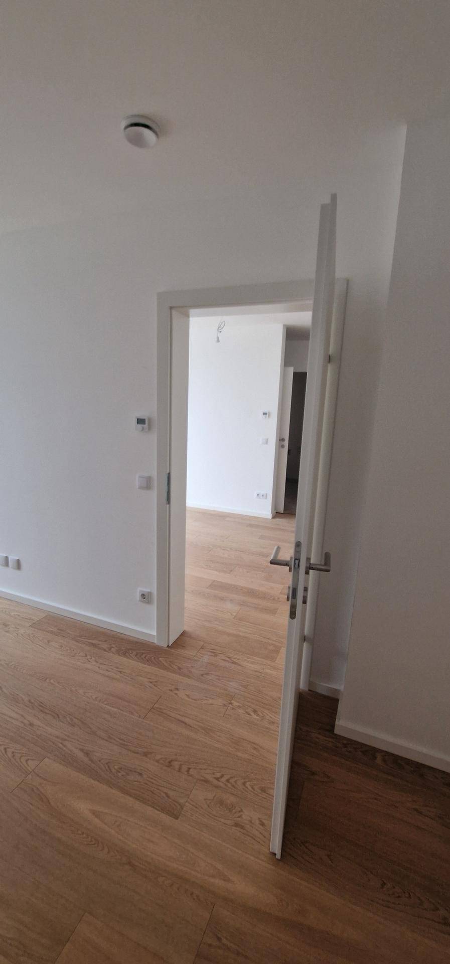 Heller Flur mit Holzboden und weißen Türen, der verschiedene Räume miteinander verbindet.