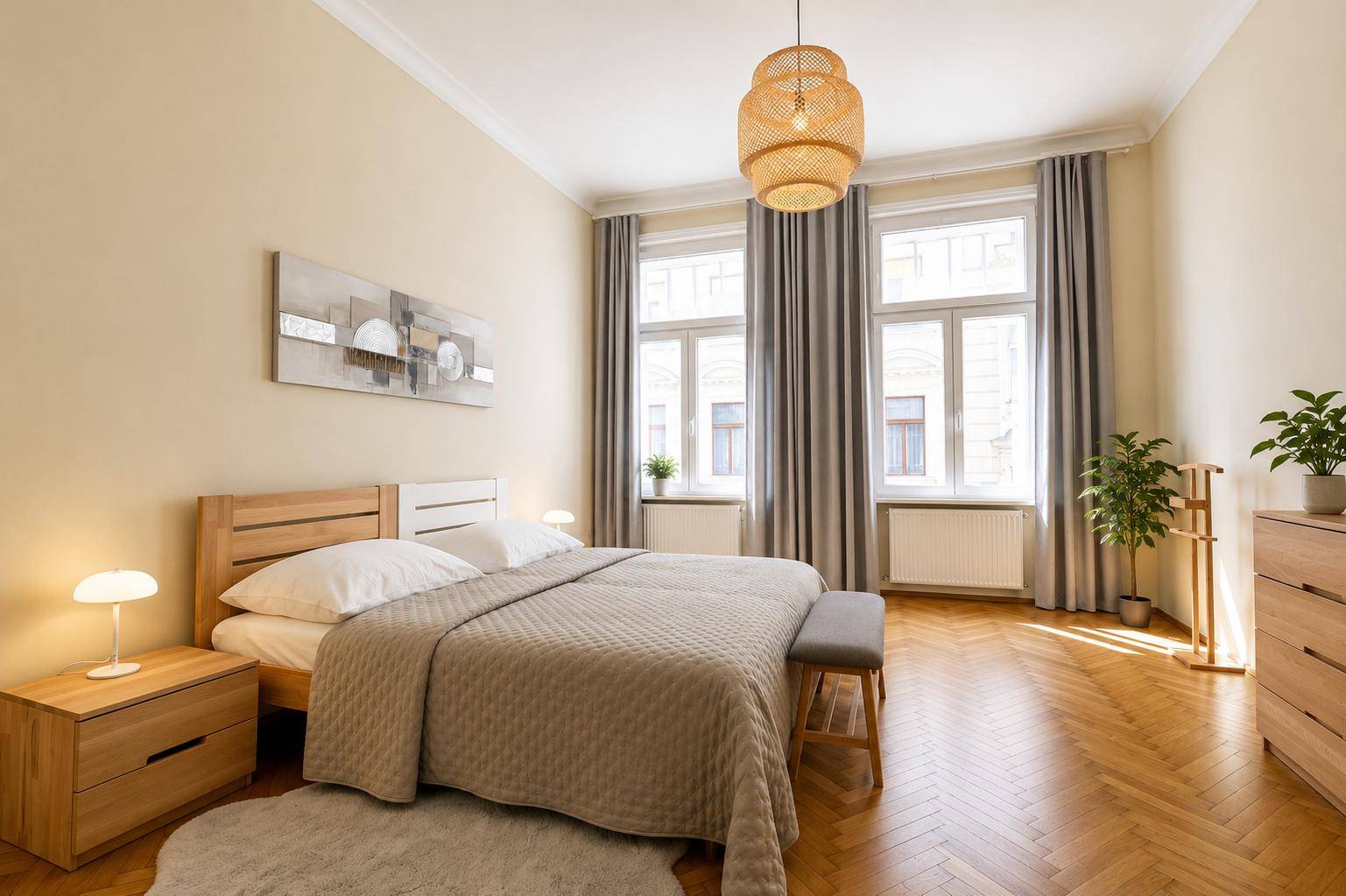 Helles Schlafzimmer mit Doppelbett, Nachttischen und zwei großen Fenstern.