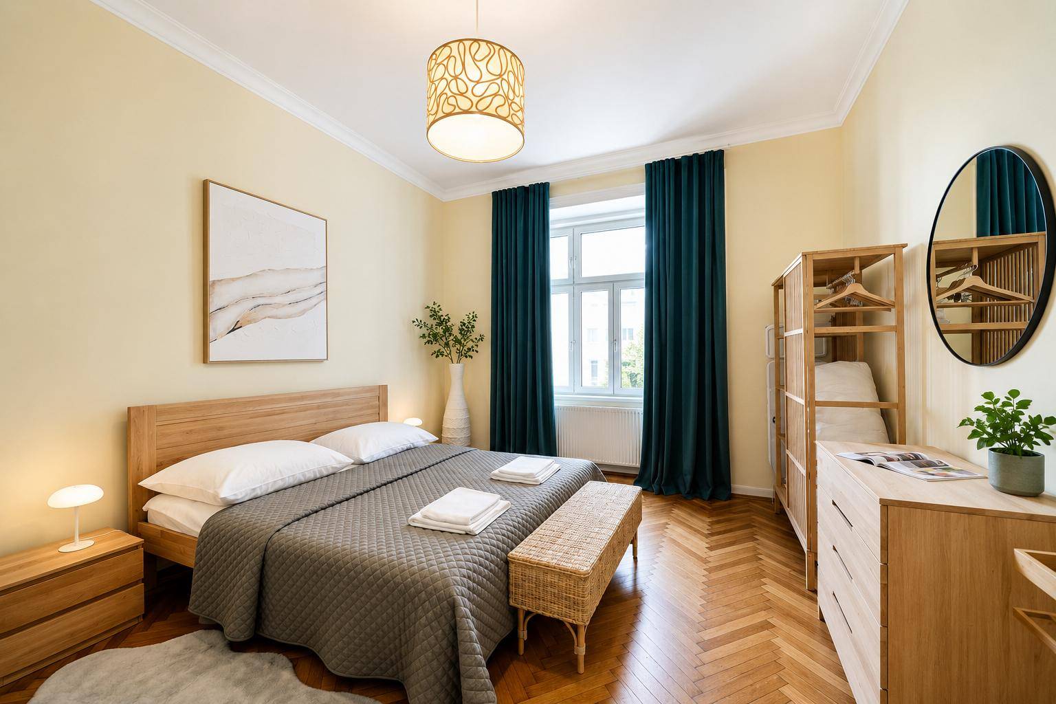 Schlafzimmer mit Doppelbett, Holzmöbeln, rundem Spiegel und dunklen Vorhängen.