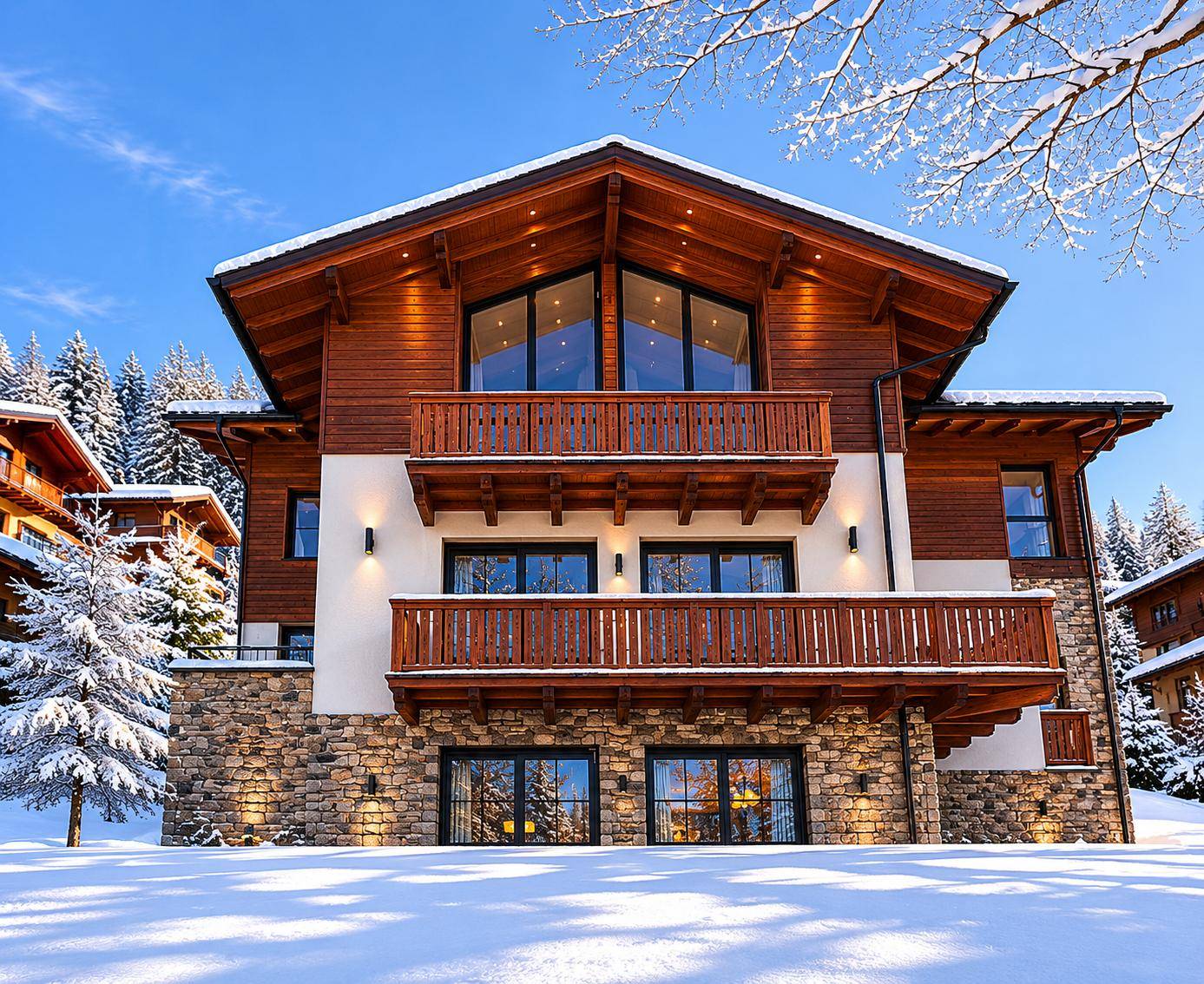 Traditionelles Chalet mit Holzbalkonen und Steinfassade in verschneiter Berglandschaft.