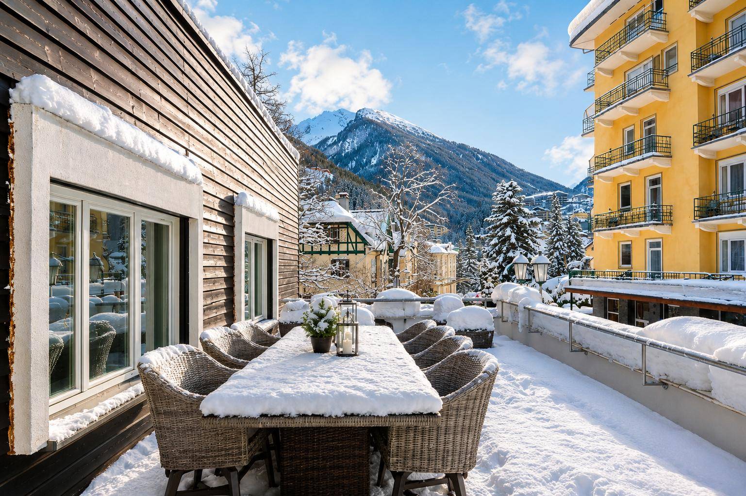 Verschneite Terrasse mit Esstisch und Korbstühlen, bietet einen weiten Bergblick.