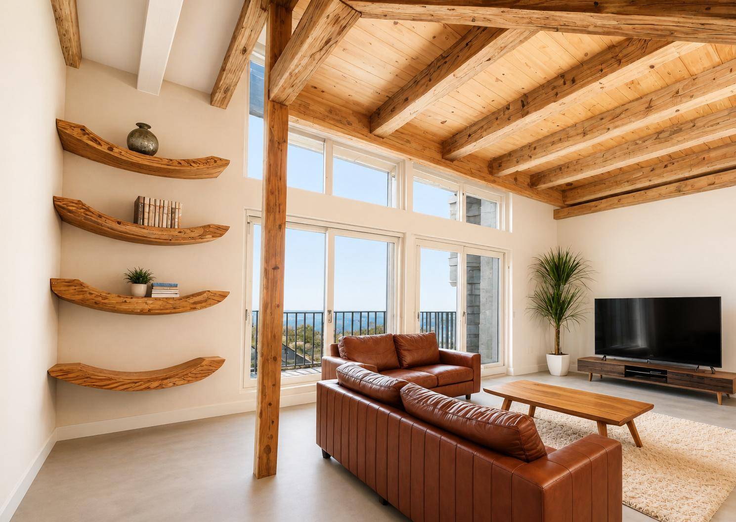 Gemütliches Wohnzimmer mit Ledersofas, Holzbalken und großen Fenstern mit Meerblick.