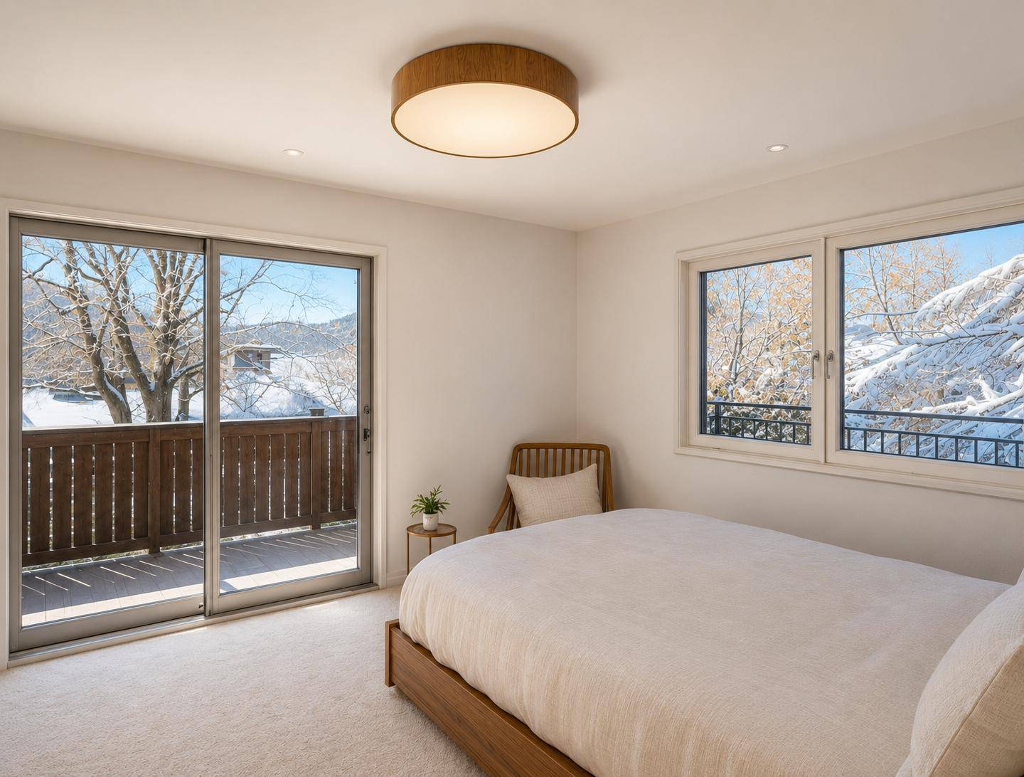 Helles Schlafzimmer mit Balkonzugang und Blick auf die verschneite Berglandschaft.