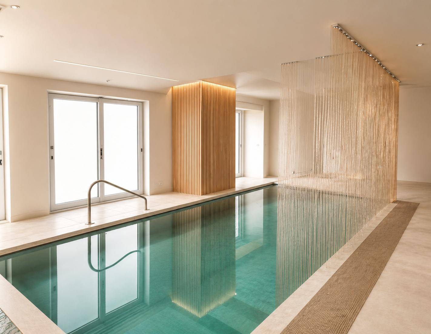 Moderner Innenpoolbereich mit minimalistischem Design und natürlichem Lichteinfall.