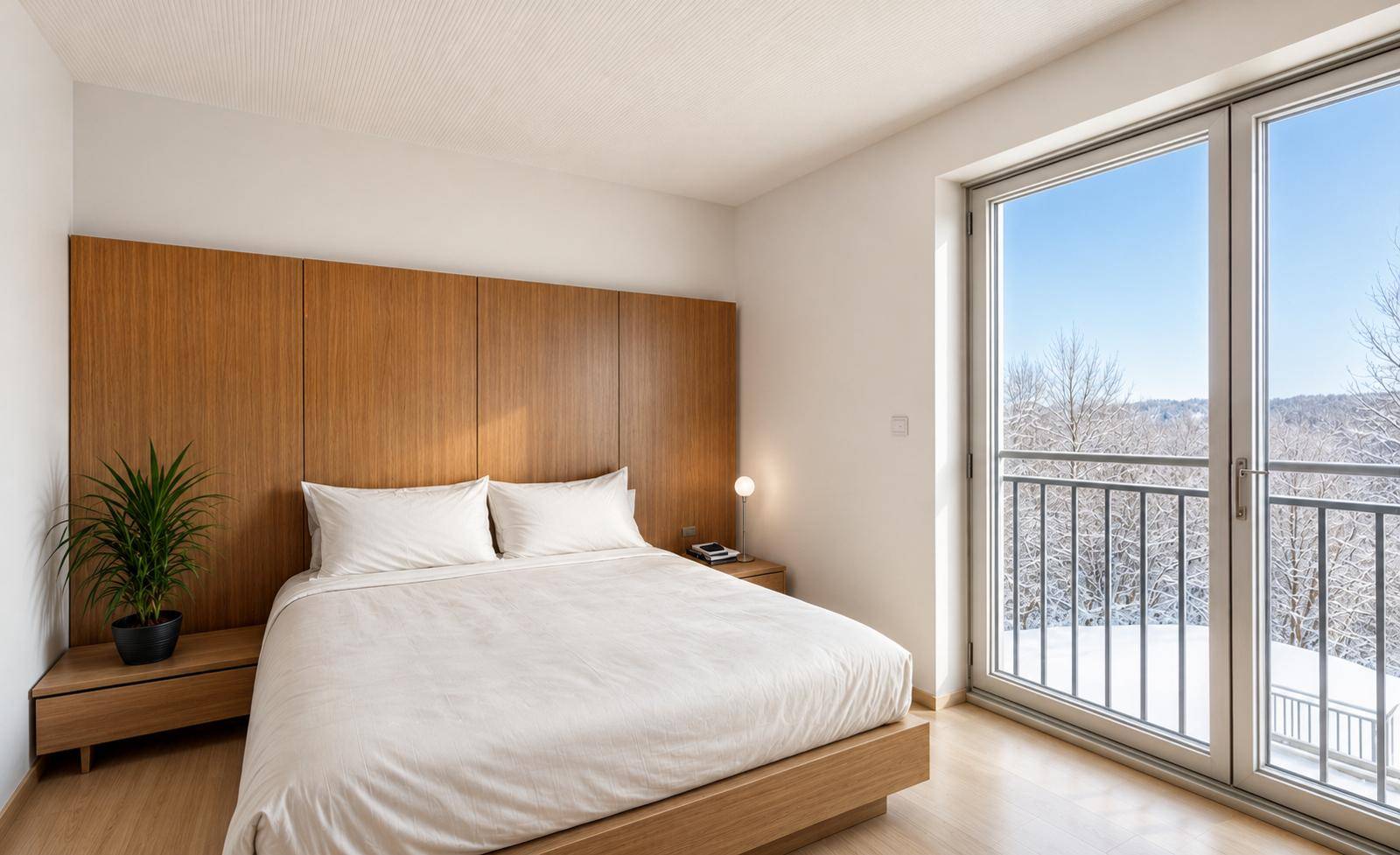 Schlafzimmer mit Holzbett, eleganter Holzwandverkleidung und Balkonzugang mit Winterlandschaftsblick.
