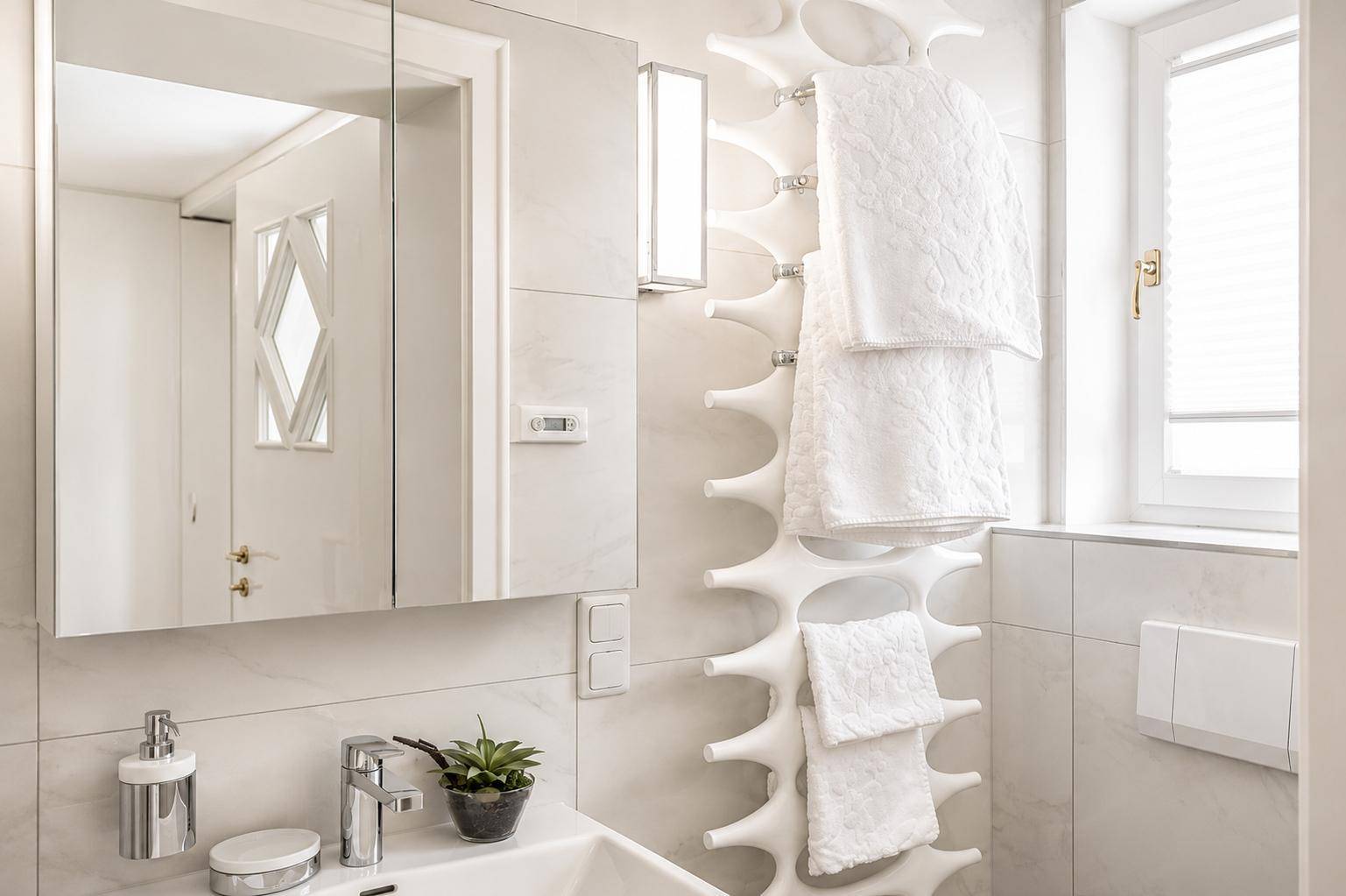 Modernes Badezimmer mit Einzelwaschbecken, Spiegelschrank und beheiztem Handtuchhalter.