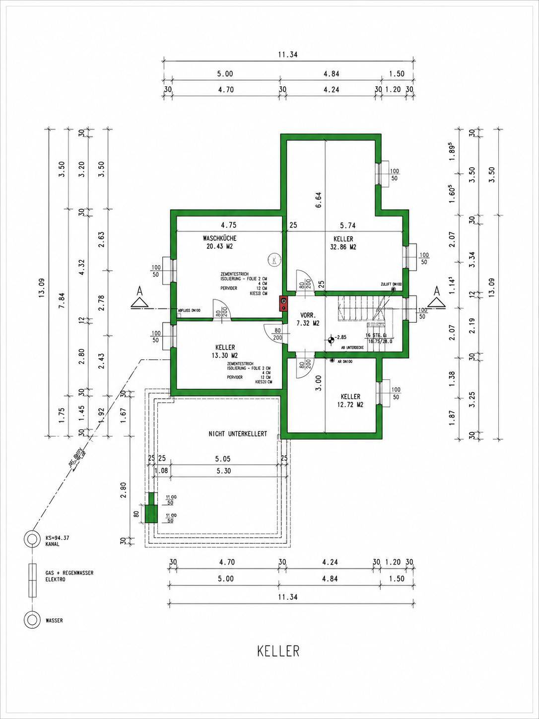 Grundriss des Kellers mit Waschküche und mehreren Abstellräumen für zusätzlichen Stauraum.
