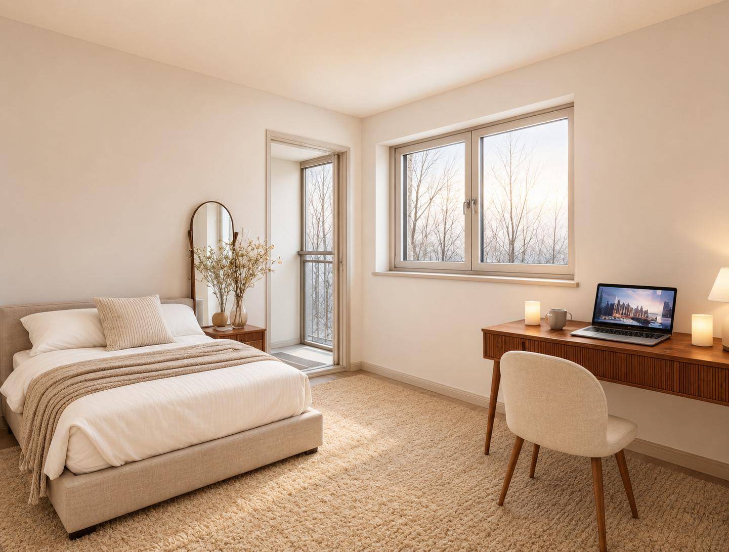 Ruhiges Schlafzimmer mit Schreibtisch, Teppichboden und Zugang zu einem französischen Balkon.