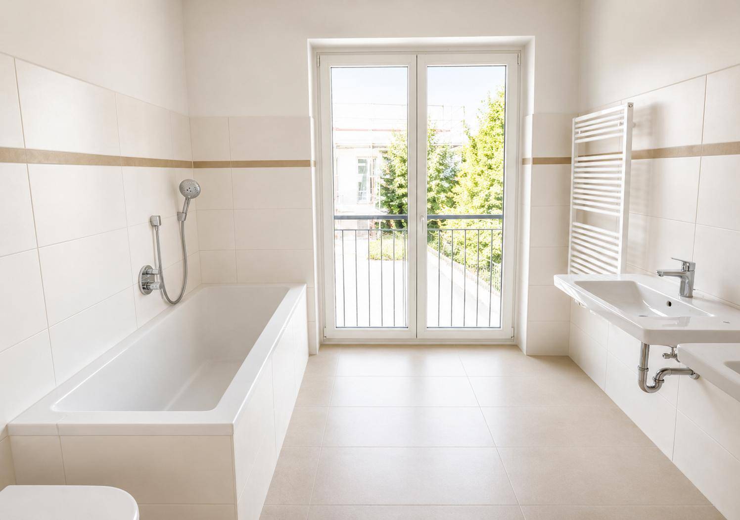Helles Badezimmer mit Badewanne, modernem Waschbecken und einem Fenster mit Blick ins Grüne.