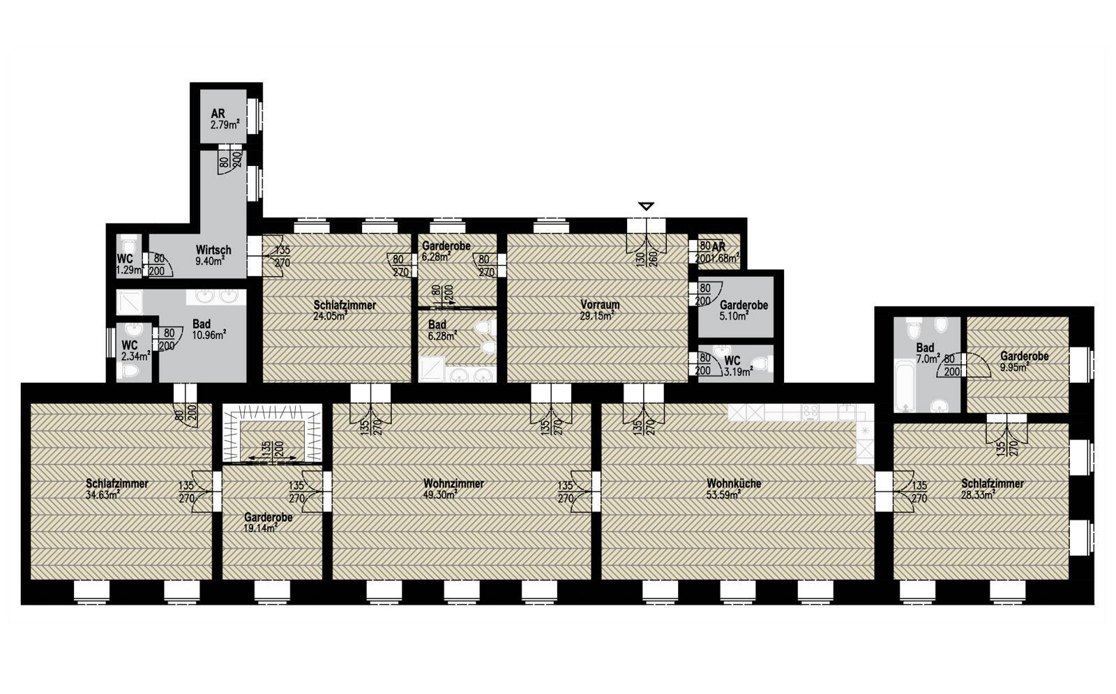 Detaillierter Grundriss der Wohnung mit Raumaufteilung und verschiedenen Funktionsbereichen.
