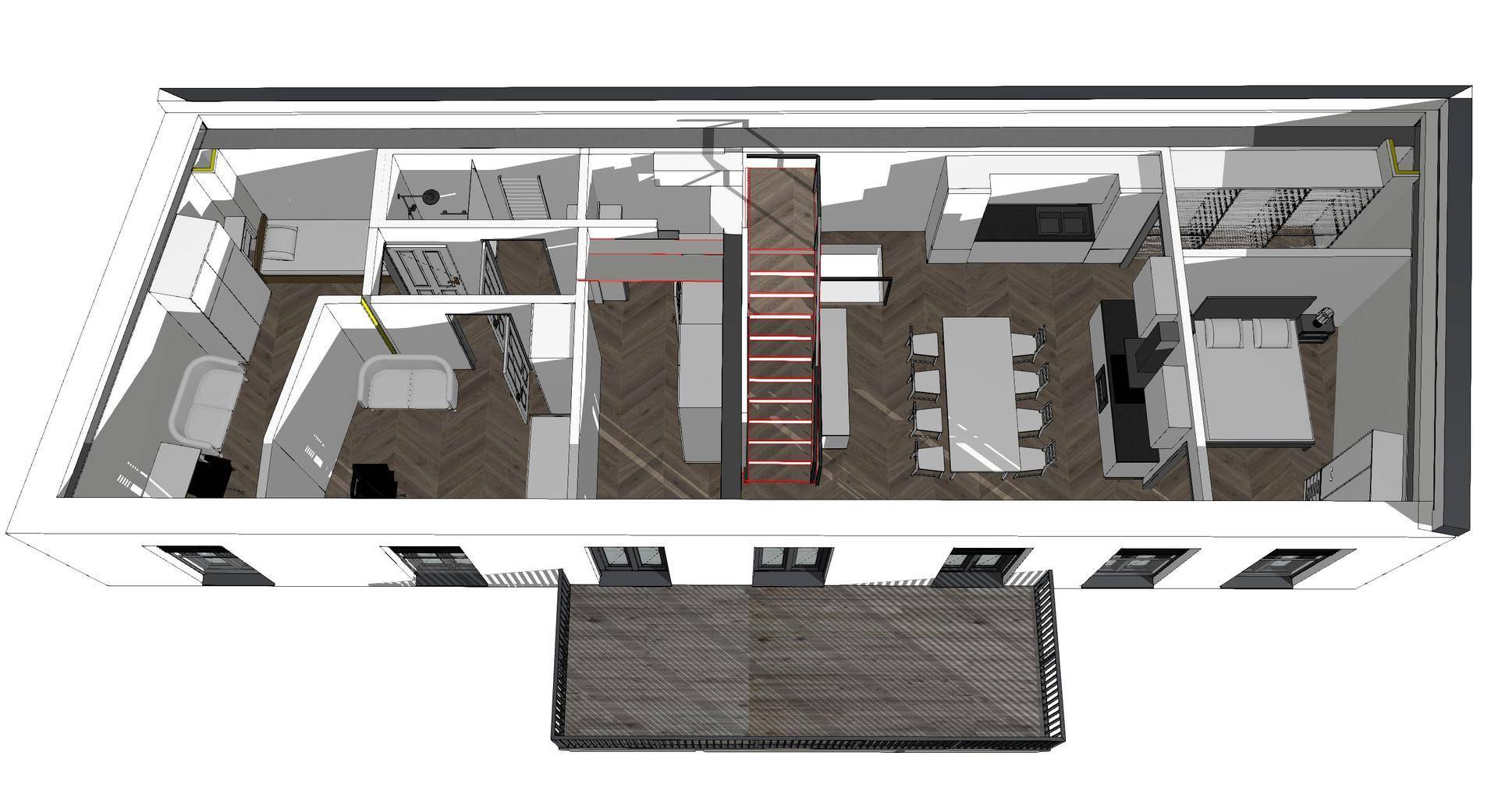 3D-Grundriss einer Wohnung mit Balkon und offenem Grundriss.