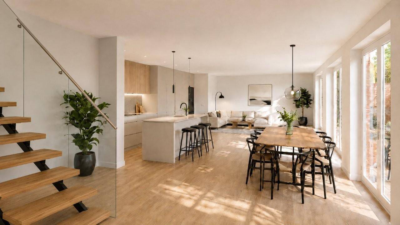 Geräumiger, offener Wohnbereich mit moderner Küche, Essbereich und eleganter Holztreppe mit Glasgeländer.
